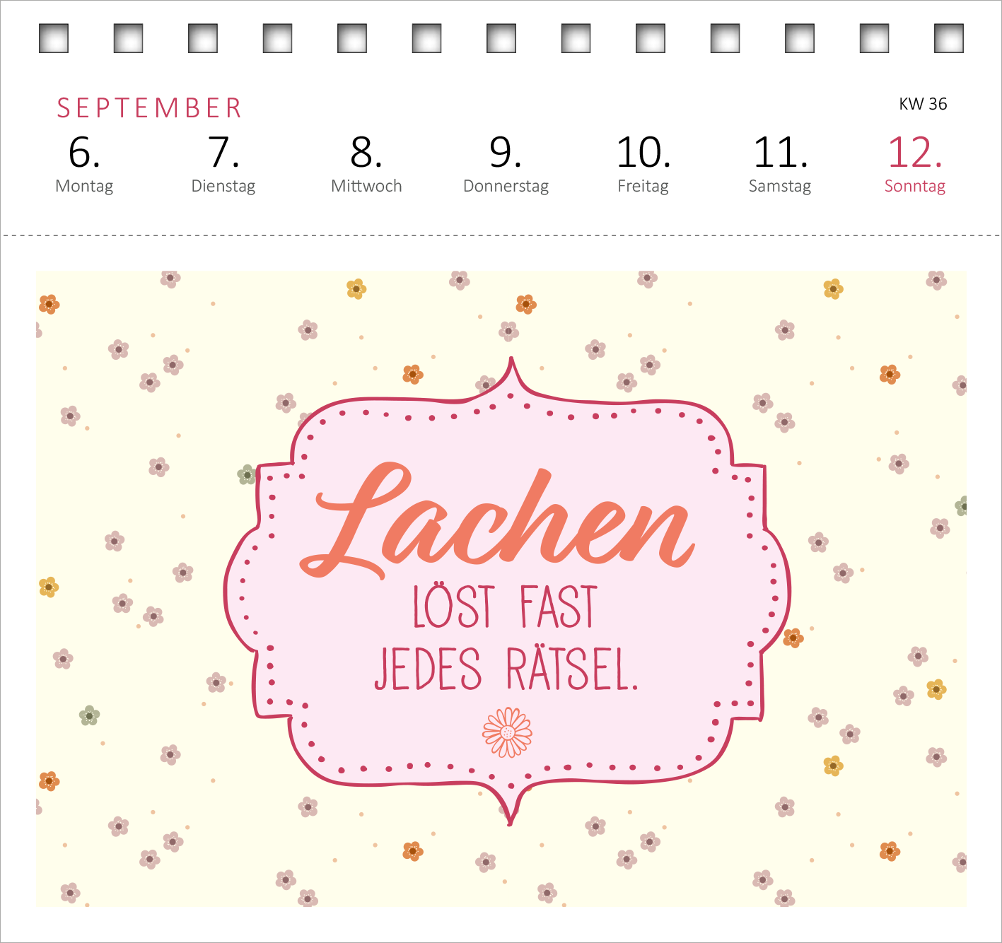 Gezeigt wird eine Innen- oder Zusatzansicht von „Postkartenkalender Glücksmantras 2027“. Die Illustration präsentiert eine sanfte, pastellfarbene Hintergrundfarbe mit kleinen, floralen Dekoren in verschiedenen Farbtönen. In der Mitte umrahmt ein eleganter, pinkfarbener Kasten den positiven Spruch „Lachen löst fast jedes Rätsel“ in einer verspielten, geschwungenen Schrift. Die Wochentage sind oberhalb in einer klaren, leichten Schriftart angeordnet und tragen zur freundlichen,...