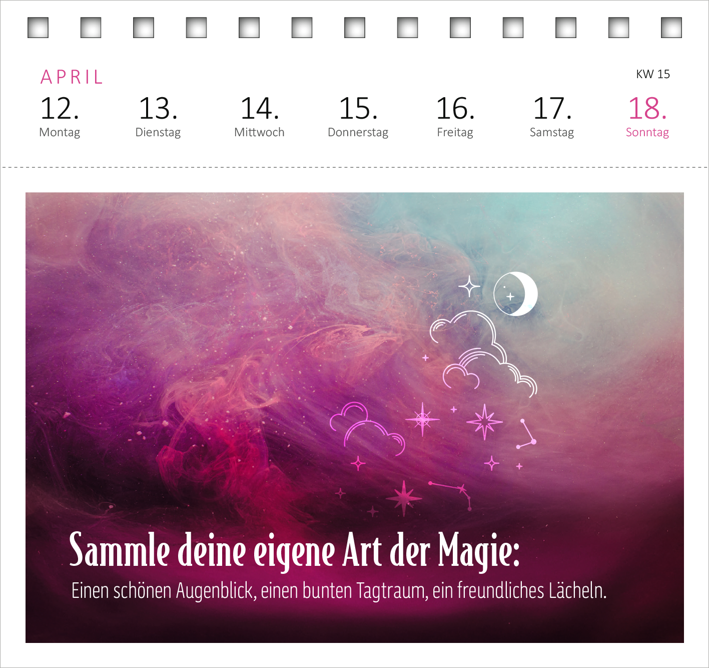 Gezeigt wird eine Innen- oder Zusatzansicht von „Postkartenkalender Mein magisches Jahr 2027“. Der Kalender zeigt einen bunten Verlauf in sanften Farben wie Rosa, Lila und Blau. In der unteren Bildhälfte steht der motivierende Text „Sammle deine eigene Art der Magie:“ in einer modernen, geschwungenen Schriftart, die gut lesbar ist. Abgerundet wird die Gestaltung durch zarte Illustrationen wie Wolken und Sterne, die eine zauberhafte Atmosphäre schaffen.