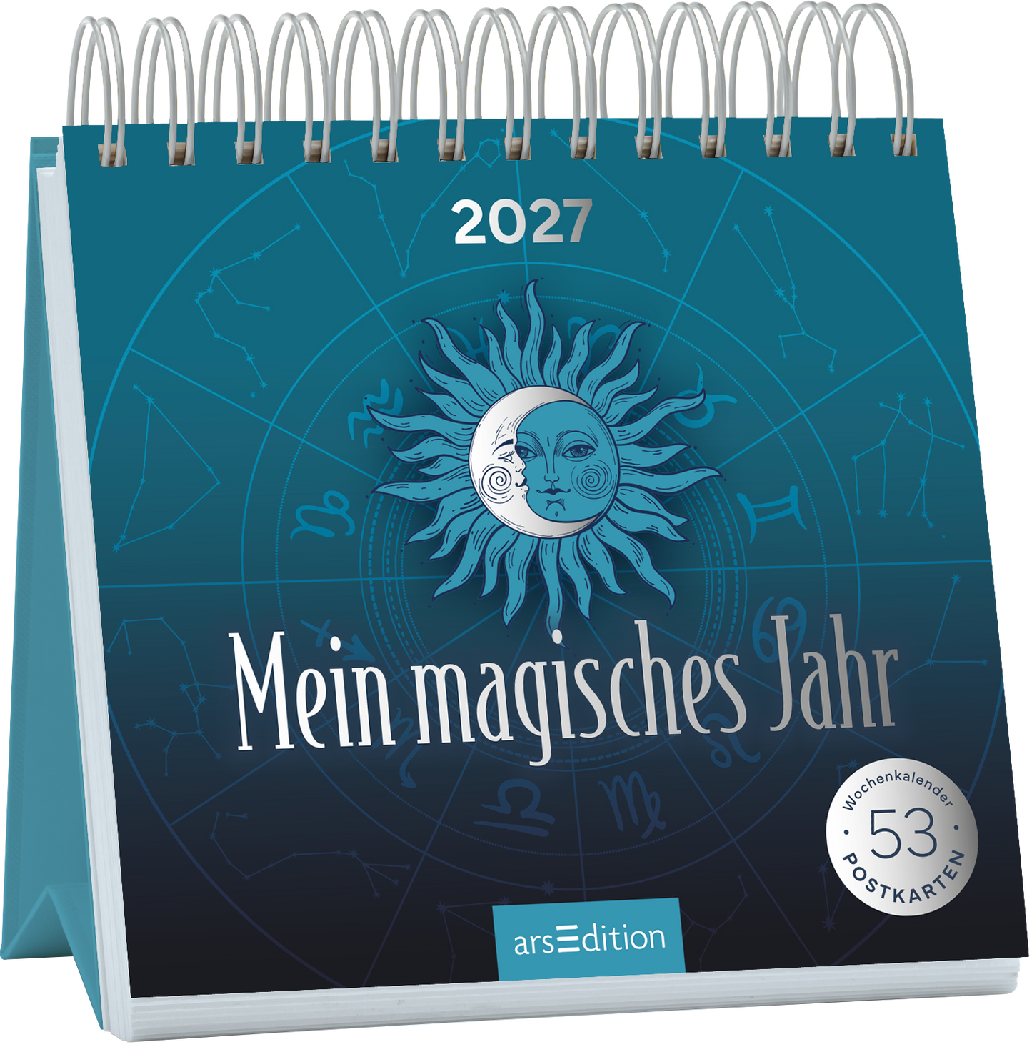 Das Cover zeigt einen spiralgebundenen Wochenkalender für das Jahr 2027. Im Zentrum ist eine stilisierte Sonnensymbolik, die eine Kombination aus Sonne und Mond darstellt, umgeben von Zeichen des Tierkreises auf einem tiefblauen Hintergrund. Der Titel „Mein magisches Jahr“ hebt sich in eleganter, silberner Schrift ab. Hierzu finden sich der Hinweis „53 Postkarten“ und das SPIEGEL-Bestseller-Siegel. Ganz unten mittig steht der Logoschriftzug von arsEdition.