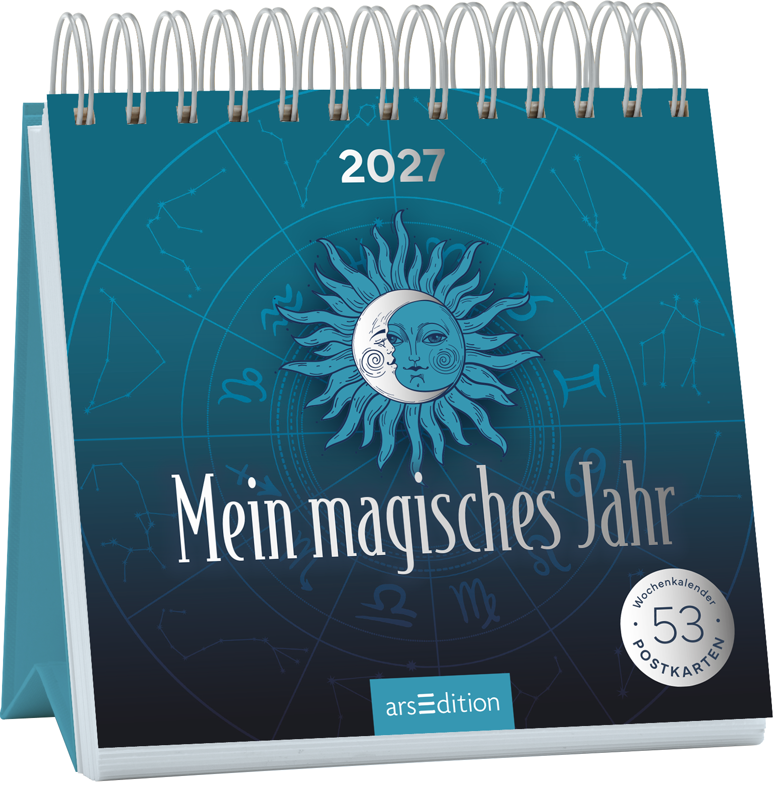 Das Cover zeigt einen spiralgebundenen Wochenkalender für das Jahr 2027. Im Zentrum ist eine stilisierte Sonnensymbolik, die eine Kombination aus Sonne und Mond darstellt, umgeben von Zeichen des Tierkreises auf einem tiefblauen Hintergrund. Der Titel „Mein magisches Jahr“ hebt sich in eleganter, silberner Schrift ab. Hierzu finden sich der Hinweis „53 Postkarten“ und das SPIEGEL-Bestseller-Siegel. Ganz unten mittig steht der Logoschriftzug von arsEdition.