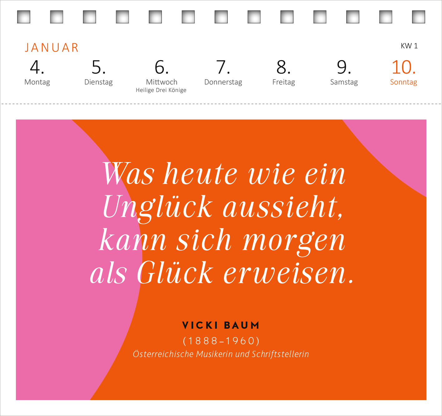 Gezeigt wird eine Innen- oder Zusatzansicht von „Postkartenkalender Kluge Frauen, die unsere Welt inspirieren 2027“. Die Seite präsentiert ein farbenfrohes Design mit eleganten geometrischen Formen in Orange und Pink. In der Mitte steht ein Zitat in verspielter, handschriftlicher Typografie, gefolgt von der Angabe des Namens und Lebensdaten der Autorin in einer klaren, serifenlosen Schrift. Diese ansprechende Gestaltung fördert die Sichtbarkeit von inspirierenden Botschaften.