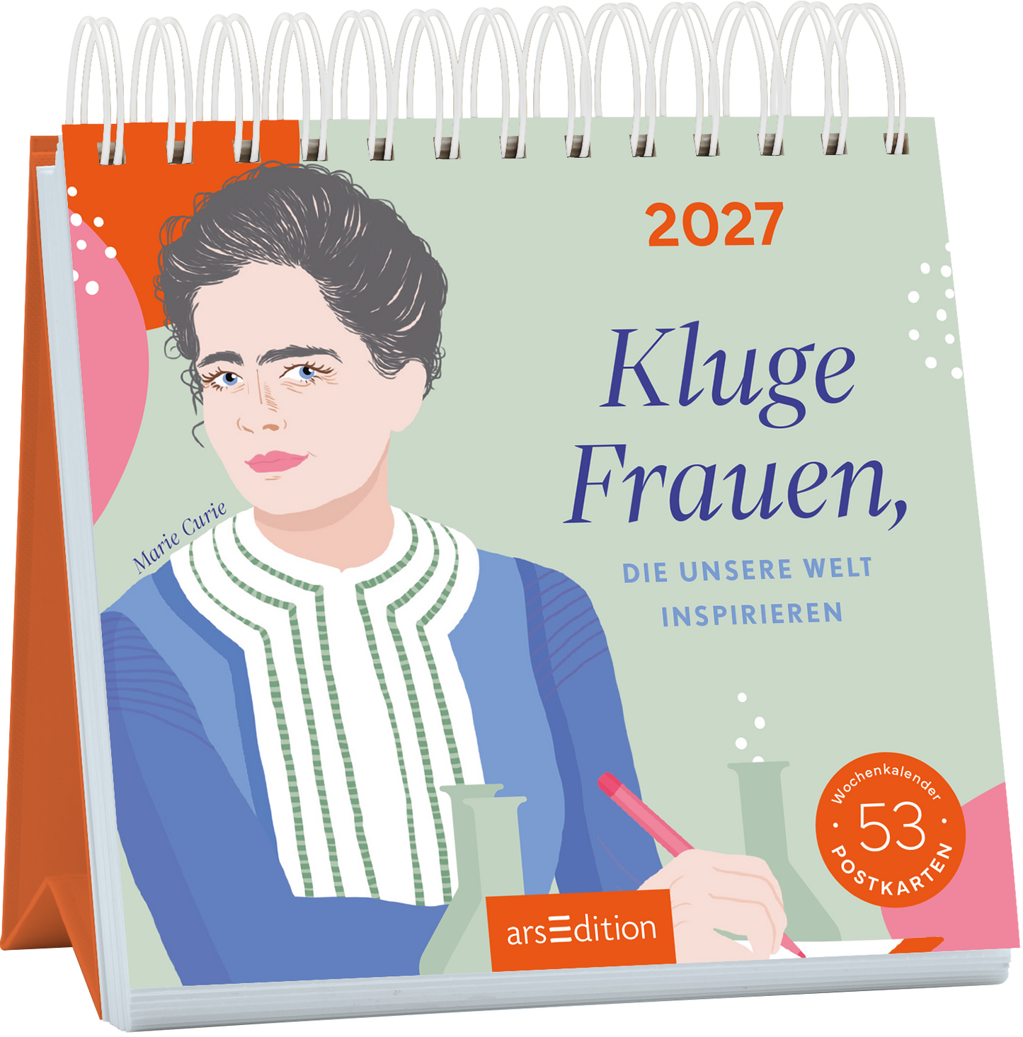 Das Buchcover zeigt eine illustrierte Frau, die Marie Curie darstellt. Sie hat dunkles, lockiges Haar und trägt ein bläuliches Oberteil mit weißen Streifen. Über ihr steht in kräftigem Blau „Kluge Frauen,“ und darunter in kleinerer Schrift „DIE UNSERE WELT INSPIRIEREN“. Im oberen Bereich ist das Jahr „2027“ abgedruckt. Der Coverhintergrund ist in sanften Pastellfarben gehalten. Unten rechts befindet sich ein runder Button mit dem Text „53 POSTKARTEN - Wochenkalender“. Ganz...