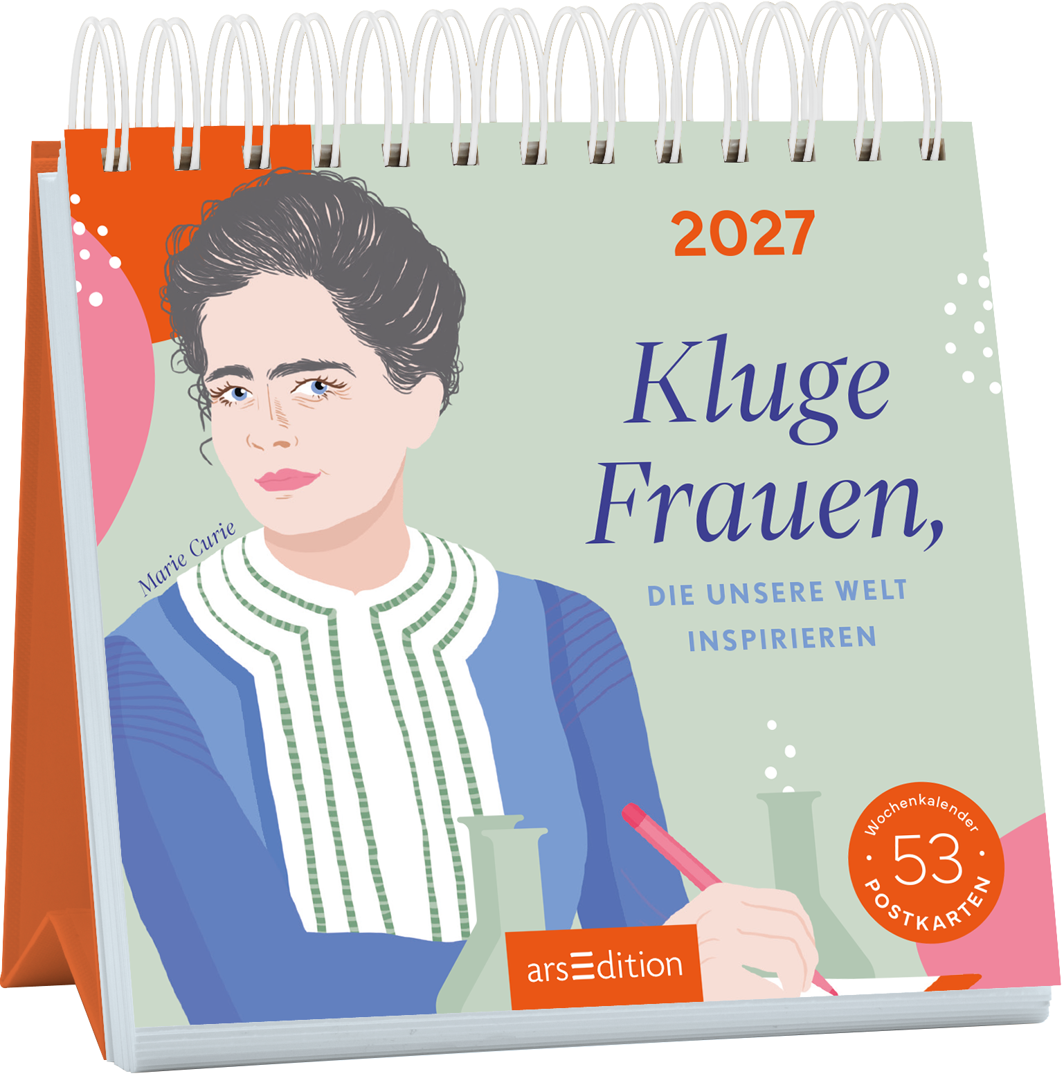 Das Buchcover zeigt eine illustrierte Frau, die Marie Curie darstellt. Sie hat dunkles, lockiges Haar und trägt ein bläuliches Oberteil mit weißen Streifen. Über ihr steht in kräftigem Blau „Kluge Frauen,“ und darunter in kleinerer Schrift „DIE UNSERE WELT INSPIRIEREN“. Im oberen Bereich ist das Jahr „2027“ abgedruckt. Der Coverhintergrund ist in sanften Pastellfarben gehalten. Unten rechts befindet sich ein runder Button mit dem Text „53 POSTKARTEN - Wochenkalender“. Ganz...