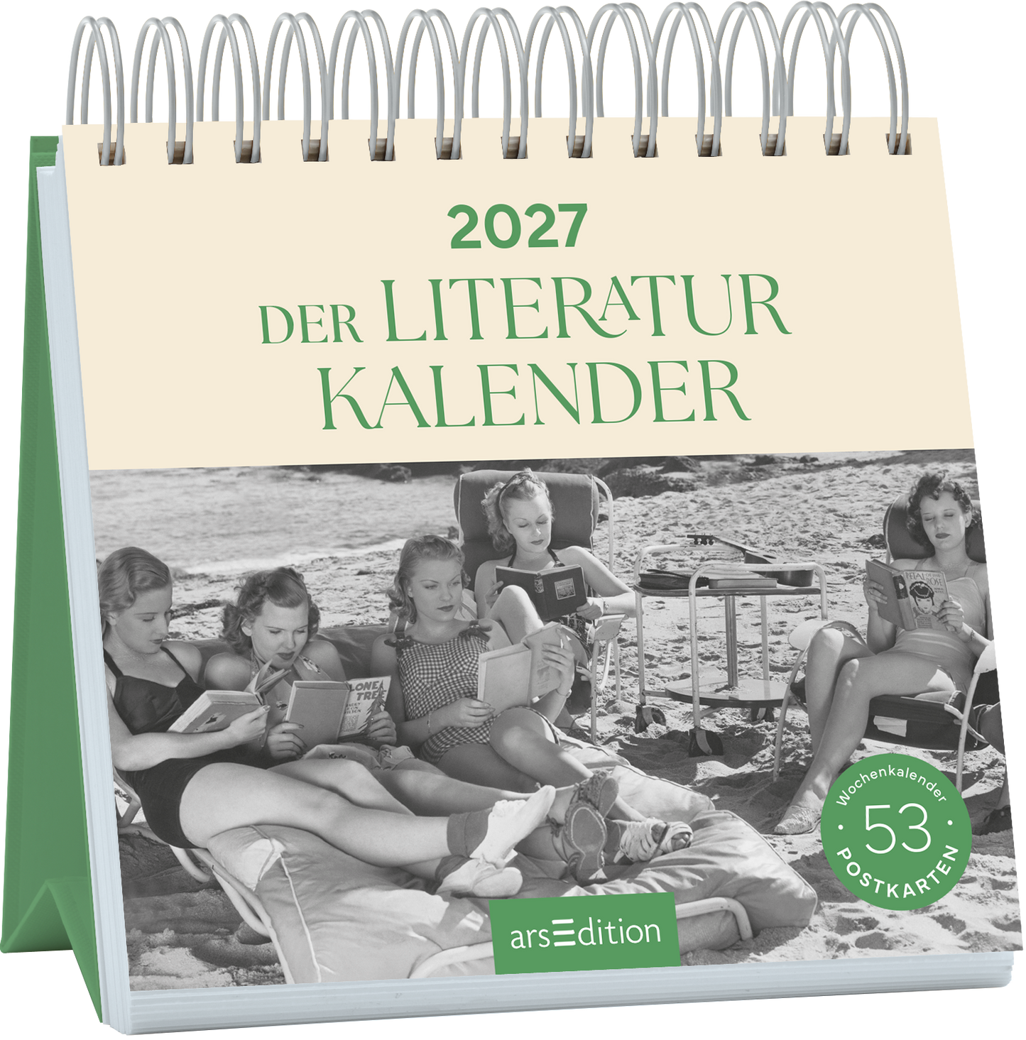 Das Cover des „2027 DER LITERATUR KALENDER“ zeigt eine nostalgische Schwarz-Weiß-Fotografie von mehreren Kindern, die am Strand mit Büchern in der Hand auf Liegen sitzen und lesen. Der Titel ist in eleganter grüner Typografie auf hellem Hintergrund gestaltet. Der SPIEGEL-Bestseller-Button ist in der unteren rechten Ecke platziert und trägt den Text „53 Postkarten“. Ganz unten mittig steht der Logoschriftzug von arsEdition.