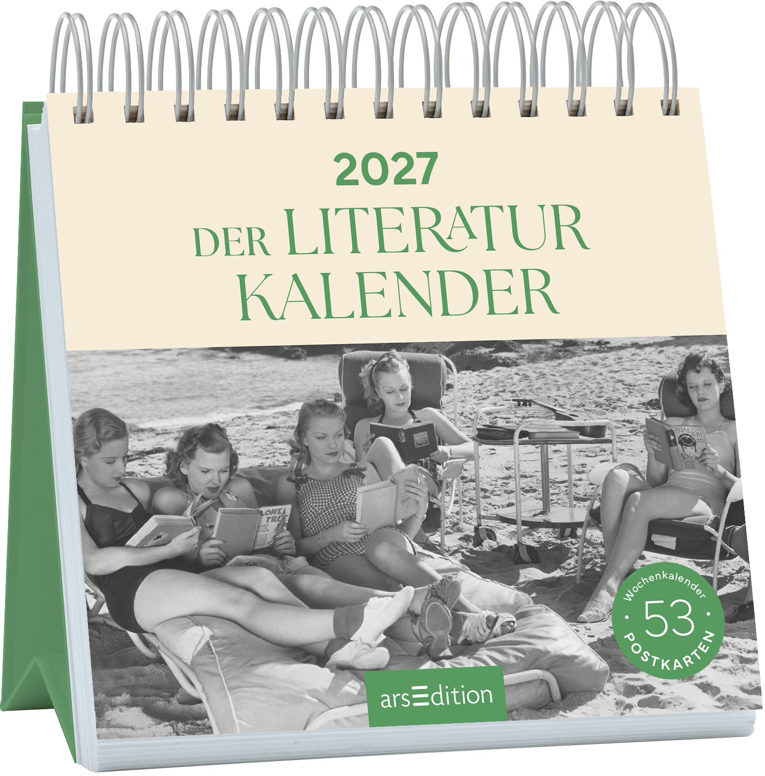 Das Cover des „2027 DER LITERATUR KALENDER“ zeigt eine nostalgische Schwarz-Weiß-Fotografie von mehreren Kindern, die am Strand mit Büchern in der Hand auf Liegen sitzen und lesen. Der Titel ist in eleganter grüner Typografie auf hellem Hintergrund gestaltet. Der SPIEGEL-Bestseller-Button ist in der unteren rechten Ecke platziert und trägt den Text „53 Postkarten“. Ganz unten mittig steht der Logoschriftzug von arsEdition.