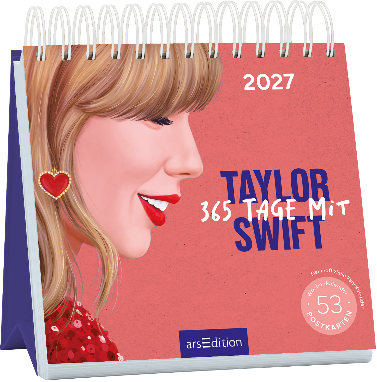 Das Cover zeigt ein farbenfrohes und verspieltes Design mit einem Porträt von Taylor Swift, die auf der linken Seite mit einem breiten Lächeln und blonden, welligen Haaren abgebildet ist. Sie trägt einen herzförmigen Ohrring, der einen besonderen Akzent setzt. Der Hintergrund ist in einem sanften Rosaton gehalten. In blauer, großer Typografie steht „TAYLOR SWIFT“ über dem Schriftzug „365 TAGE MIT“, das in einer freundlichen Schriftart darunter platziert ist. Ganz unten mittig...