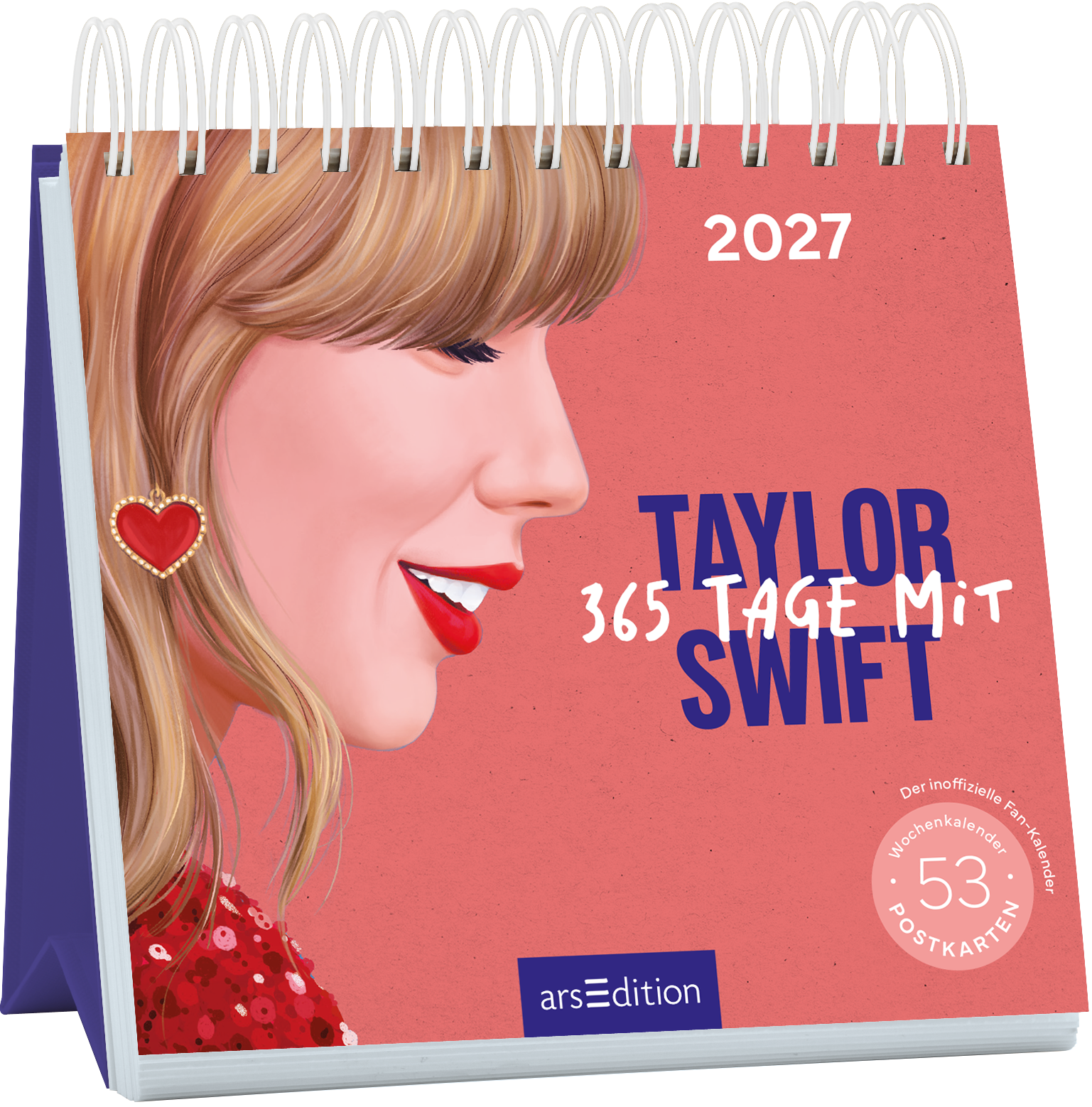 Das Cover zeigt ein farbenfrohes und verspieltes Design mit einem Porträt von Taylor Swift, die auf der linken Seite mit einem breiten Lächeln und blonden, welligen Haaren abgebildet ist. Sie trägt einen herzförmigen Ohrring, der einen besonderen Akzent setzt. Der Hintergrund ist in einem sanften Rosaton gehalten. In blauer, großer Typografie steht „TAYLOR SWIFT“ über dem Schriftzug „365 TAGE MIT“, das in einer freundlichen Schriftart darunter platziert ist. Ganz unten mittig...
