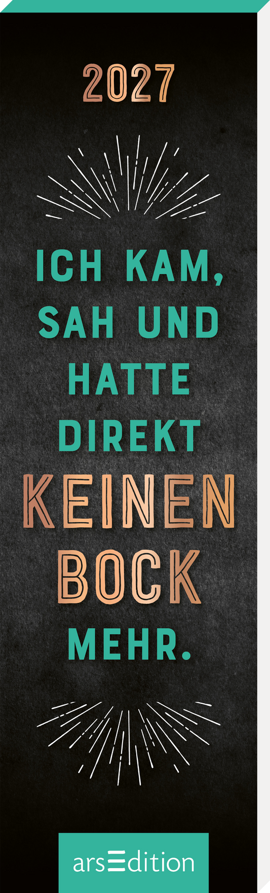 Das Buchcover zeigt einen dunklen Hintergrund, der die zentralen Textelemente hervorhebt. Die obere Zeile „2027“ ist in einer modernen, schlichten Schriftart gehalten, gefolgt von dem prägnanten Satz „ICH KAM, SAH UND HATTE DIREKT KEINEN BOCK MEHR.“, der in dynamischen, bunten Buchstaben gestaltet ist. Die Farben variieren zwischen Türkis und Kupfer, was eine lebendige Atmosphäre schafft. An den Seiten sind strahlende Akzente zu sehen, die das Design abrunden. Ganz unten mittig steht...