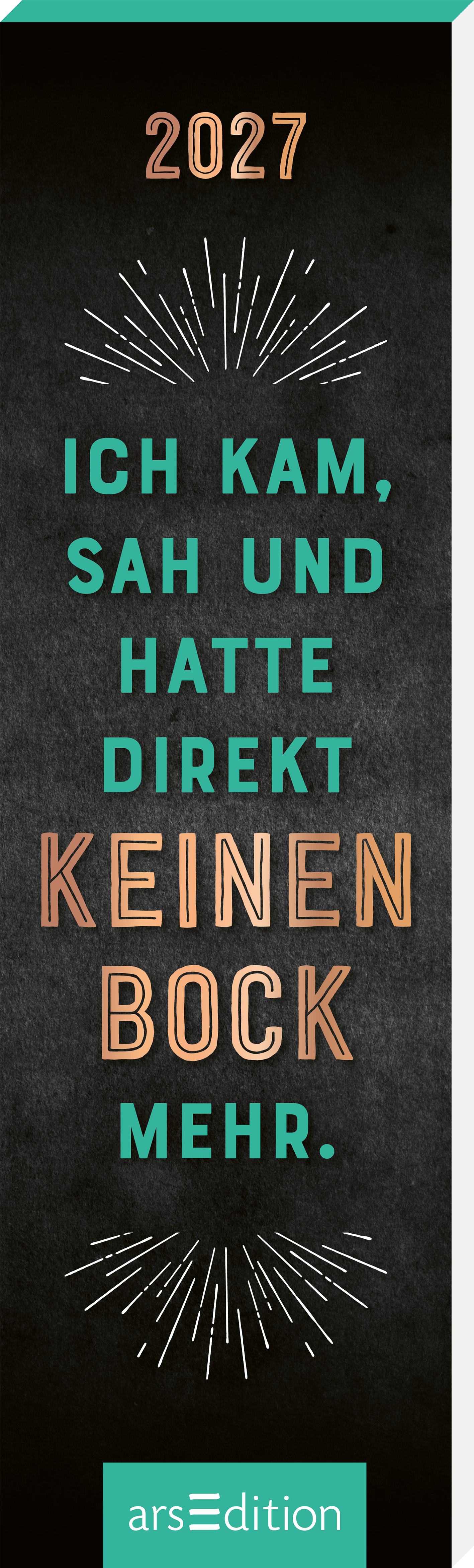 Das Buchcover zeigt einen dunklen Hintergrund, der die zentralen Textelemente hervorhebt. Die obere Zeile „2027“ ist in einer modernen, schlichten Schriftart gehalten, gefolgt von dem prägnanten Satz „ICH KAM, SAH UND HATTE DIREKT KEINEN BOCK MEHR.“, der in dynamischen, bunten Buchstaben gestaltet ist. Die Farben variieren zwischen Türkis und Kupfer, was eine lebendige Atmosphäre schafft. An den Seiten sind strahlende Akzente zu sehen, die das Design abrunden. Ganz unten mittig steht...