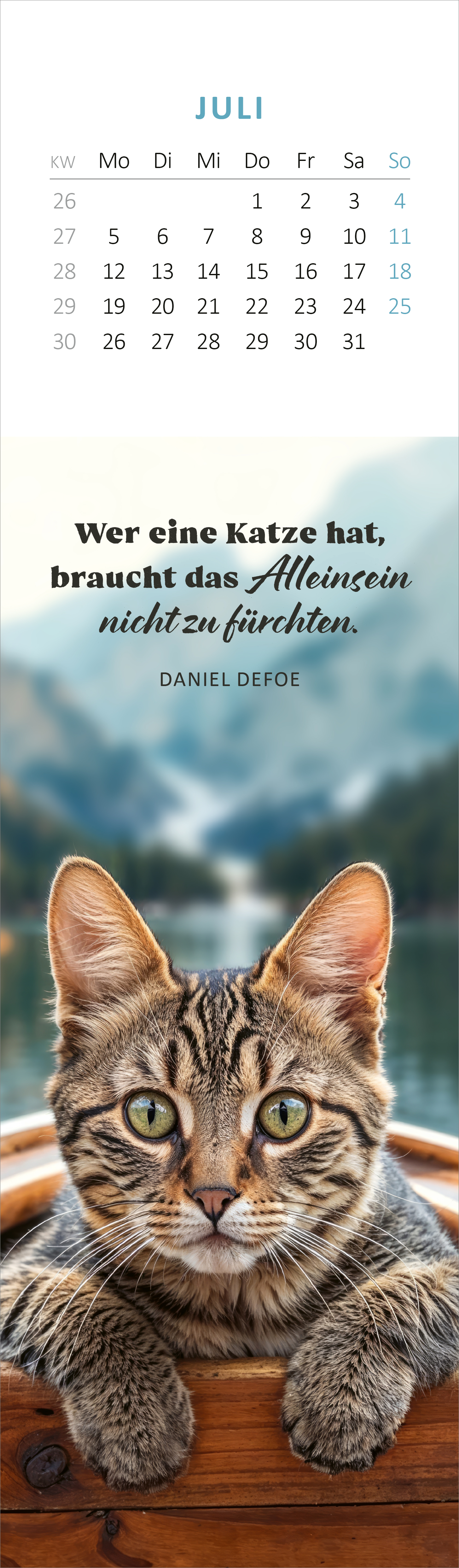 Gezeigt wird eine Innen- oder Zusatzansicht von „Lesezeichenkalender Katzenglück 2027“. Der Kalender zeigt im Juli einen großen, detaillierten Kopf einer Katze mit grünlichen Augen vor einem verschwommenen Hintergrund von Bergen. Oben ist die Monatsüberschrift „Juli“ in klarer, blauer Schrift platziert. Der Kalendertabellenbereich ist dezent und strukturiert, während das Zitat von Daniel Defoe in einer eleganten, schwarzen Schriftart darunter steht: „Wer eine Katze hat, braucht...