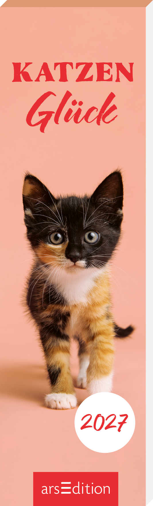 Das Buchcover zeigt ein süßes Kätzchen mit schwarz-braunem Fell und großen, ausdrucksvollen Augen vor einem sanften, rosa Hintergrund. Der Titel „KATZEN Glück“ ist in großen, geschwungenen roten Buchstaben platziert. Darunter befindet sich die Jahreszahl „2027“ in einem weißen, runden Feld. Die gesamte Gestaltung vermittelt eine warme und freudige Atmosphäre. Ganz unten mittig steht der Logoschriftzug von arsEdition.