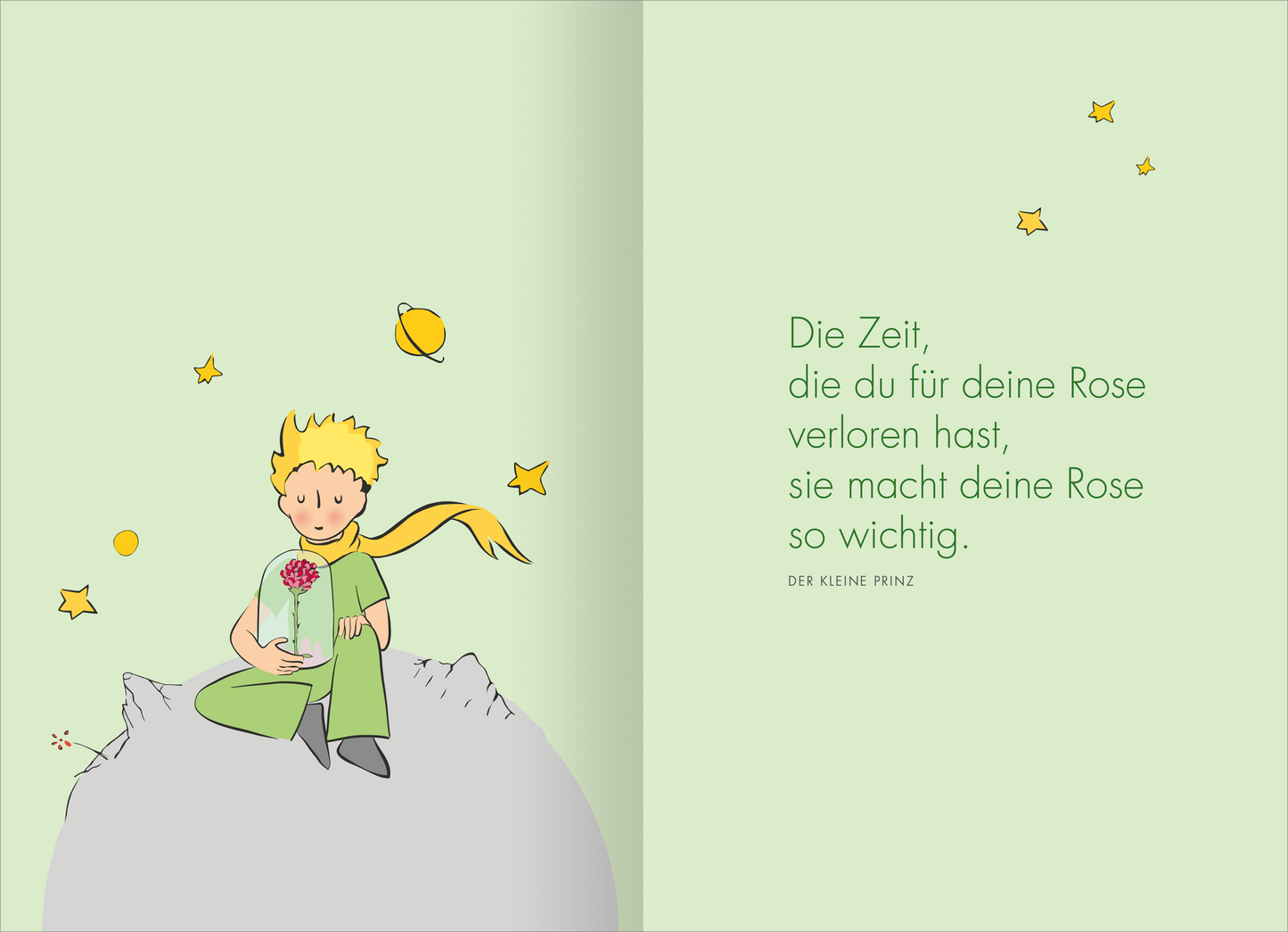 Gezeigt wird eine Innen- oder Zusatzansicht von „Buchkalender Man sieht nur mit dem Herzen gut 2027“. Die Doppelseite präsentiert den Monat Oktober mit einem klaren, strukturierten Layout. Links sind die Wochentage in grauer Schrift auf weißem Hintergrund angeordnet, dekoriert mit niedlichen, farbenfrohen Illustrationen eines kleinen Prinzen und eines roten Fuchses, die hin und wieder mit gelben Sternen umrahmt sind. Rechts befindet sich ein leeres, gepunktetes Notizfeld in sanften Farben.