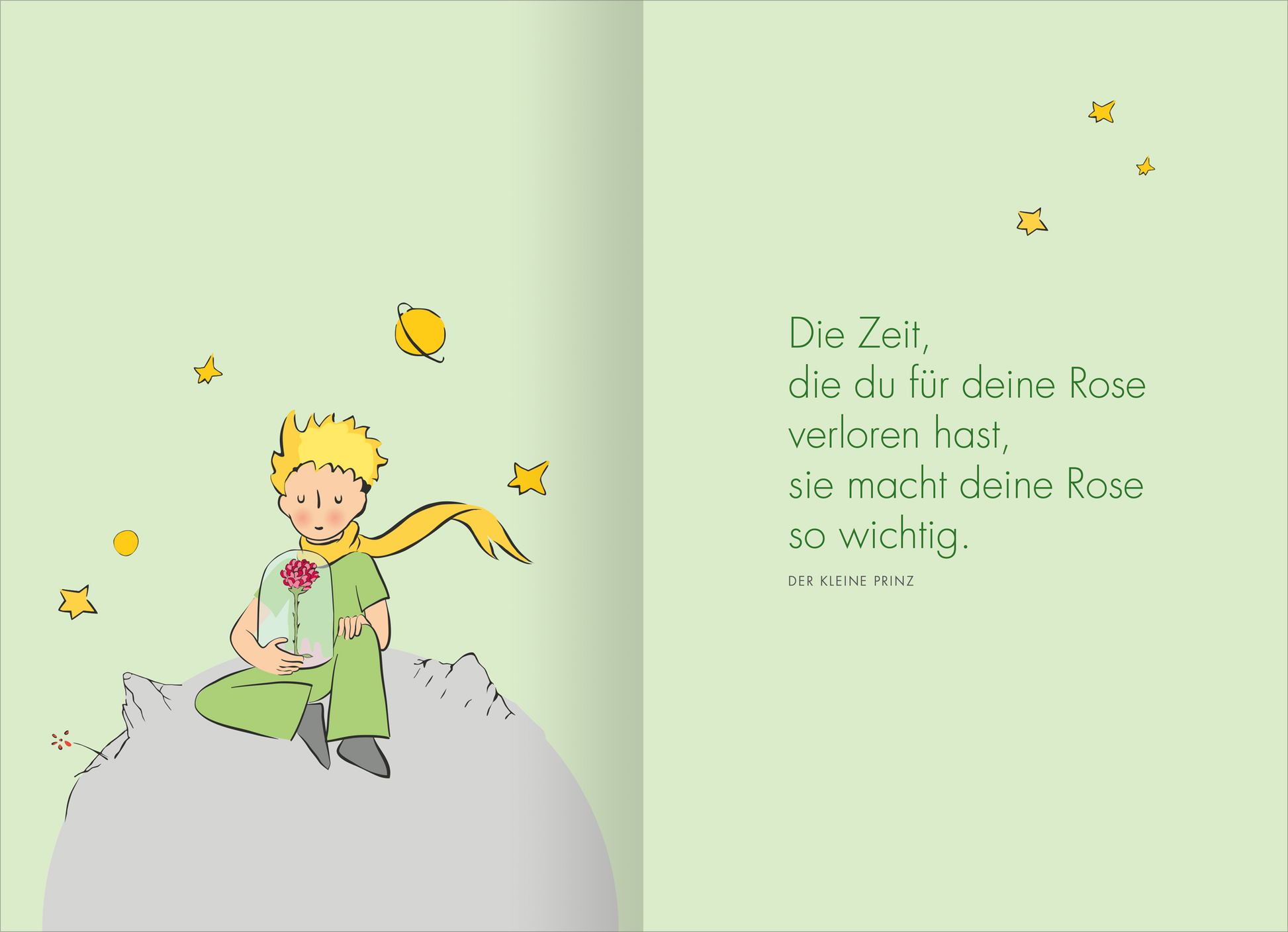 Gezeigt wird eine Innen- oder Zusatzansicht von „Buchkalender Man sieht nur mit dem Herzen gut 2027“. Die Doppelseite präsentiert den Monat Oktober mit einem klaren, strukturierten Layout. Links sind die Wochentage in grauer Schrift auf weißem Hintergrund angeordnet, dekoriert mit niedlichen, farbenfrohen Illustrationen eines kleinen Prinzen und eines roten Fuchses, die hin und wieder mit gelben Sternen umrahmt sind. Rechts befindet sich ein leeres, gepunktetes Notizfeld in sanften Farben.