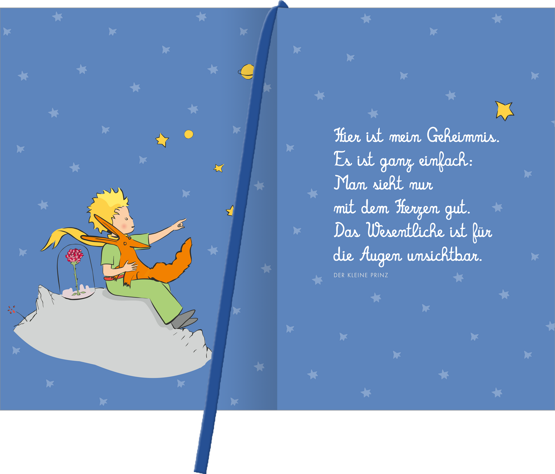 Gezeigt wird eine Innen- oder Zusatzansicht von „Buchkalender Man sieht nur mit dem Herzen gut 2027“. Auf einem sanft blauen Hintergrund sitzt ein Junge mit blonden Haaren und einer orangefarbenen Fuchsfigur auf einem grauen Felsen. Um sie herum sind gelbe Sterne und Planeten verteilt. Auf der rechten Seite steht in verspielter, handschriftlicher Schriftart der Text „Hier ist mein Geheimnis…“. Die harmonischen Farben und die kindliche Typografie verleihen der Illustration eine...