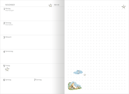 Gezeigt wird eine Innen- oder Zusatzansicht von „Buchkalender Weißt du eigentlich, wie lieb ich dich hab? 2027“. Die Doppelseite zeigt links eine Wochenübersicht für November mit kalendarischen Einträgen in schwarzer Schrift auf hellem Hintergrund. Rechts befindet sich ein leeres kariertes Feld, verziert mit einer kleinen, bunten Illustration von einem schlafenden Hasen unter einem Sternenhimmel. Die sanften Farben und die klare Typografie verleihen dem Layout eine freundliche und...