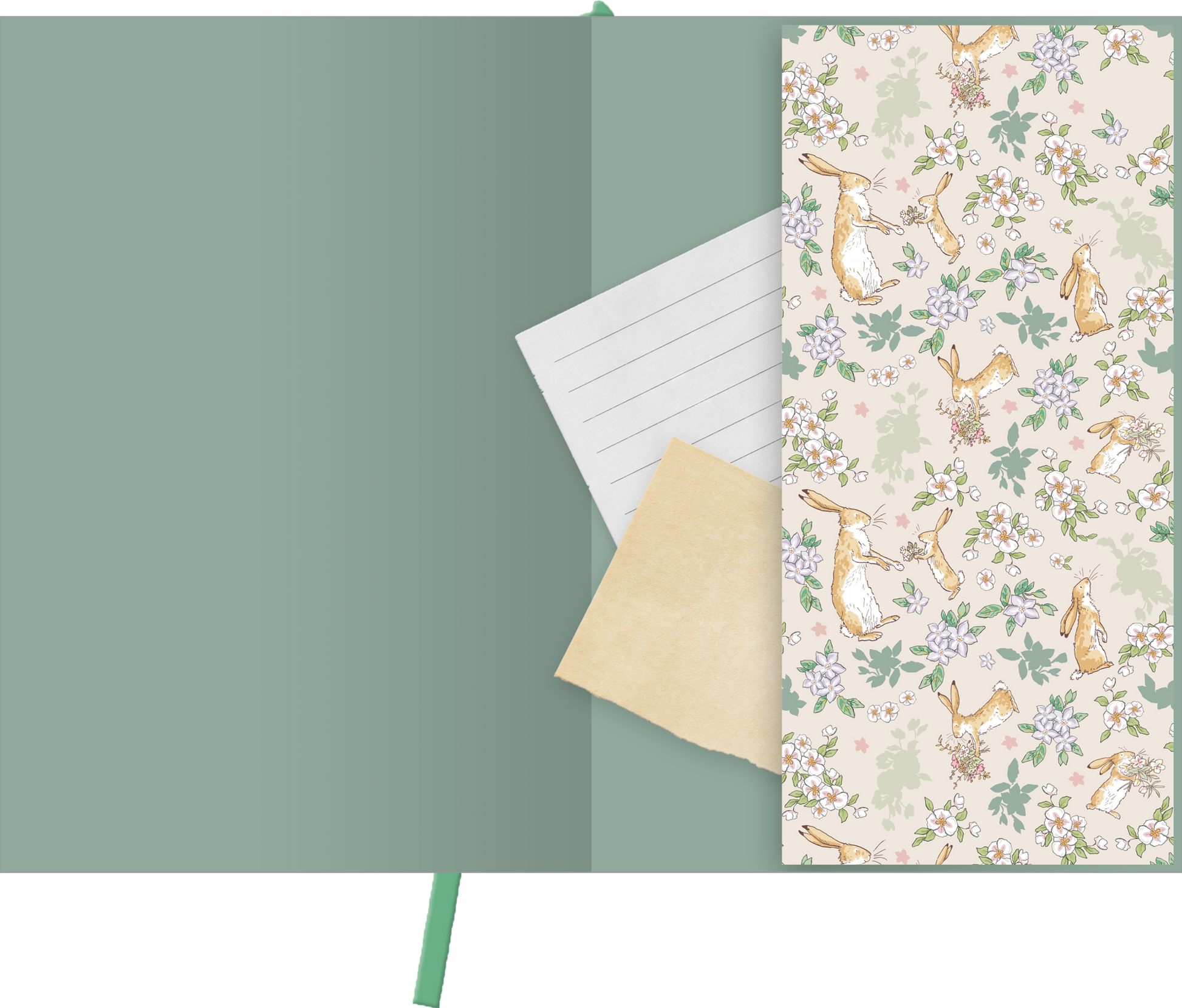 Gezeigt wird eine Innen- oder Zusatzansicht von „Buchkalender Weißt du eigentlich, wie lieb ich dich hab? 2027“. Die Innenseiten sind in sanften Grüntönen gehalten, während das Vorsatzblatt ein zartes, florales Muster mit Hasen und Blüten zeigt. Eine weiße, linierte Seite ergänzt die Gestaltung. Die Typografie ist freundlich und verspielt, passend zum fröhlichen Design des Kalenders. Ein unbeschriebenes, braunes Papierstück ist ebenfalls sichtbar.