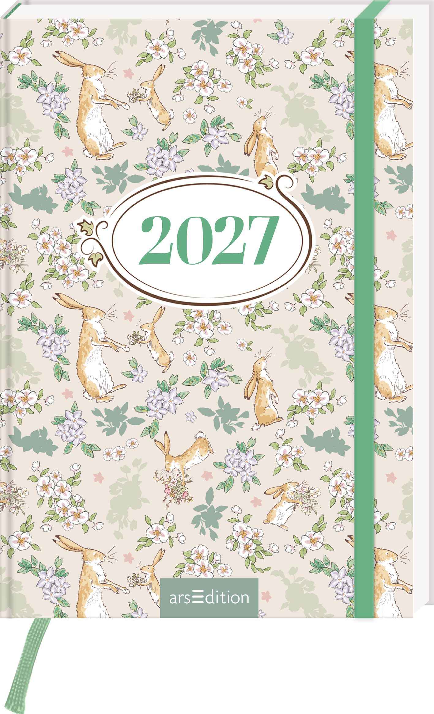 Das Buchcover zeigt ein zartes, florales Muster in sanften Farben, darunter Beige, Grün und Pastellfarben. Darin sind verspielte Illustrationen von Häschen, die sich zwischen Blumen bewegen. In der Mitte befindet sich ein elegantes, ovales Label mit der Jahreszahl „2027“ in mintgrüner Schrift. Der gesamte Eindruck des Covers vermittelt eine fröhliche und einladende Atmosphäre. Ganz unten mittig steht der Logoschriftzug von arsEdition.