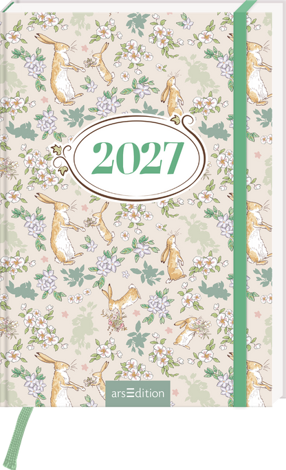 Das Buchcover zeigt ein zartes, florales Muster in sanften Farben, darunter Beige, Grün und Pastellfarben. Darin sind verspielte Illustrationen von Häschen, die sich zwischen Blumen bewegen. In der Mitte befindet sich ein elegantes, ovales Label mit der Jahreszahl „2027“ in mintgrüner Schrift. Der gesamte Eindruck des Covers vermittelt eine fröhliche und einladende Atmosphäre. Ganz unten mittig steht der Logoschriftzug von arsEdition.