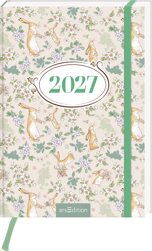 Das Buchcover zeigt ein zartes, florales Muster in sanften Farben, darunter Beige, Grün und Pastellfarben. Darin sind verspielte Illustrationen von Häschen, die sich zwischen Blumen bewegen. In der Mitte befindet sich ein elegantes, ovales Label mit der Jahreszahl „2027“ in mintgrüner Schrift. Der gesamte Eindruck des Covers vermittelt eine fröhliche und einladende Atmosphäre. Ganz unten mittig steht der Logoschriftzug von arsEdition.