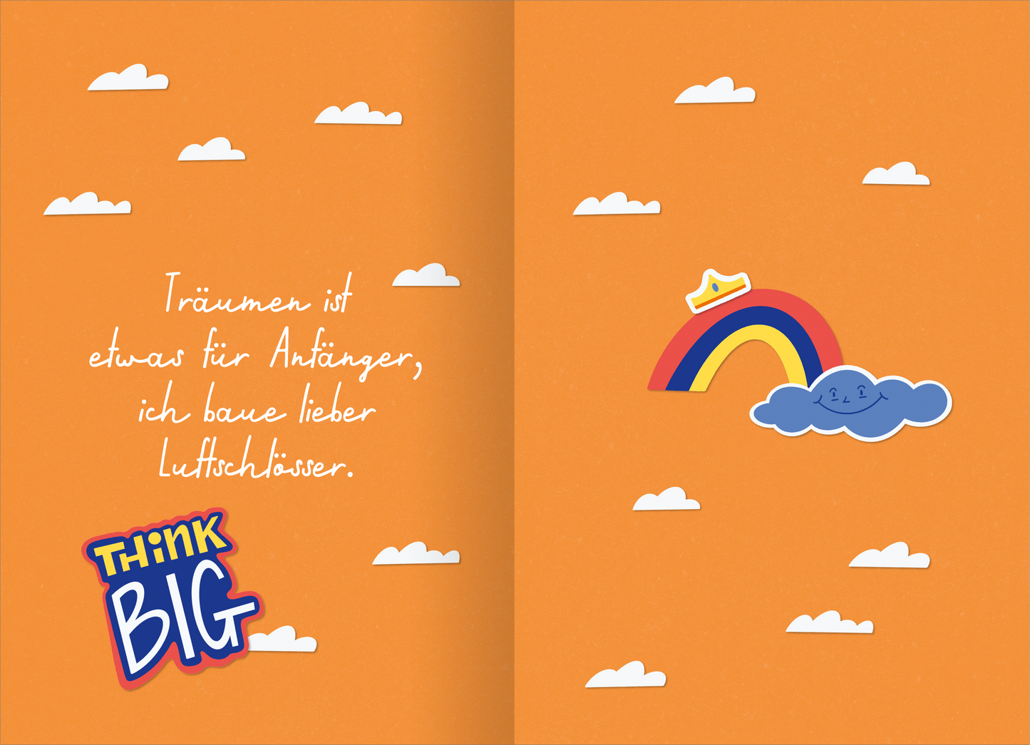 Gezeigt wird eine Innen- oder Zusatzansicht von „Buchkalender Happy durchs Jahr 2027“. Der Hintergrund ist in einem fröhlichen, leuchtenden Orange gehalten. Auf der Seite befinden sich weiße Wolken und ein bunter Regenbogen, der von einer grauen Wolke mit einem lächelnden Gesicht begleitet wird. Der Text ist in einer verspielten, handschriftlichen Typografie gestaltet und lautet: „Träumen ist etwas für Anfänger, ich baue lieber Luftschlösser.“ Zusätzlich fällt der Schriftzug...