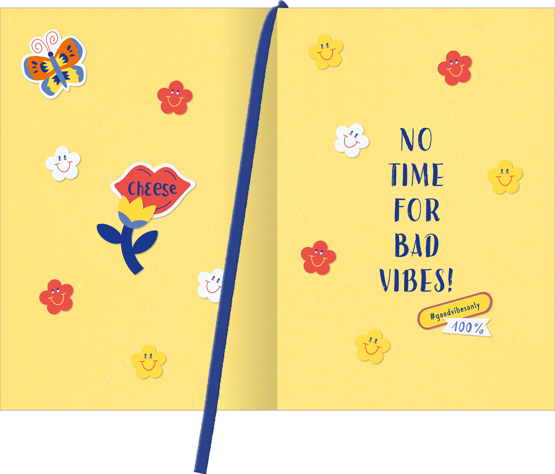 Gezeigt wird eine Innen- oder Zusatzansicht von „Buchkalender Happy durchs Jahr 2027“. Die Seite ist in einem fröhlichen Gelbton gehalten und zeigt bunte, verspielte Illustrationen von Blumen und einem Schmetterling. Der Text „NO TIME FOR BAD VIBES!“ in lässiger, blauer Schrift fungiert als auffälliger Hingucker. Weitere Details umfassen ein rotes Herz mit dem Wort „cheese“ und niedliche smileyartigen Gesichter in verschiedenen Farben, die eine positive Stimmung unterstreichen.