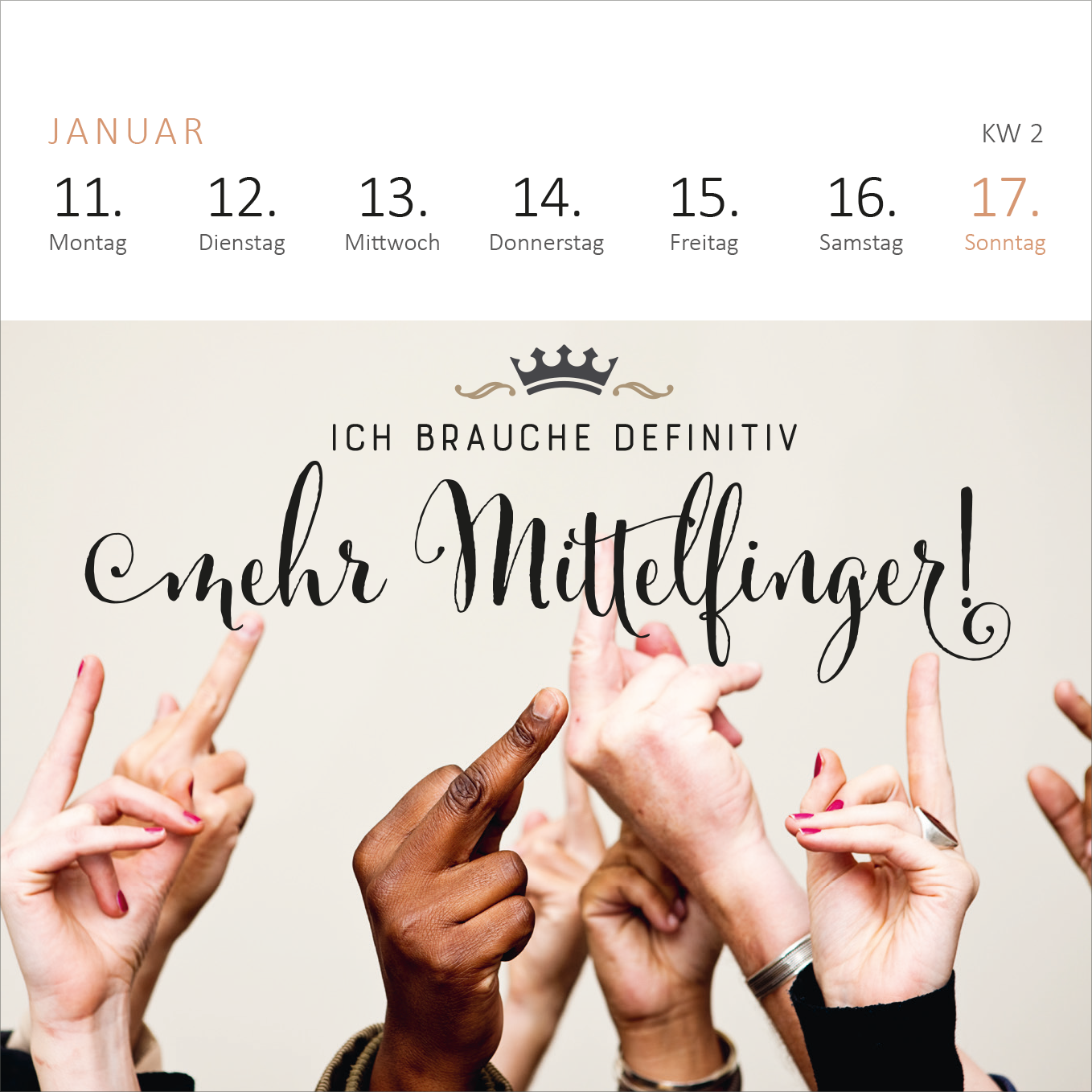 Gezeigt wird eine Innen- oder Zusatzansicht von „Mini-Wochenkalender Fehlt nur noch das Zelt, dann wäre der Zirkus hier perfekt. 2027“. Die Seite präsentiert eine kreative Gestaltung für den Januar, mit einem Fokus auf die Daten von 11. bis 17. Januar. Der Schriftzug „ICH BRAUCHE DEFINITIV mehr Mittelfinger!“ ist in einer eleganten, geschwungenen Typografie gehalten. Die Farbgestaltung ist hell und freundlich, mit einem sanften Hintergrund, der die verschiedenen Handgesten von...