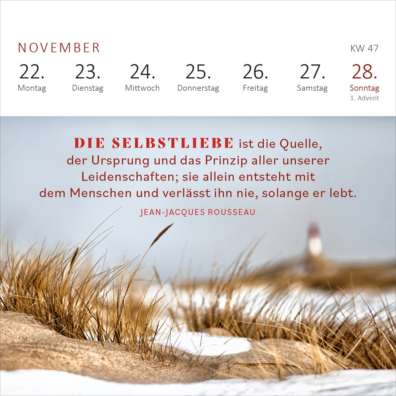 Gezeigt wird eine Innen- oder Zusatzansicht von „Mini-Wochenkalender 365 Tage Sonne im Herzen 2027“. Der Monat November ist im oberen Bereich in einem kräftigen Rot angezeigt. Darunter sind die Wochentage in klarer typografischer Anordnung angeordnet. Eine inspirierende Zitierung von Jean-Jacques Rousseau in großen, auffälligen Buchstaben vorn; sie wird von einem sanften Hintergrund aus Graslandschaft und einem verschwommenen Leuchtturm im Hintergrund umrahmt.