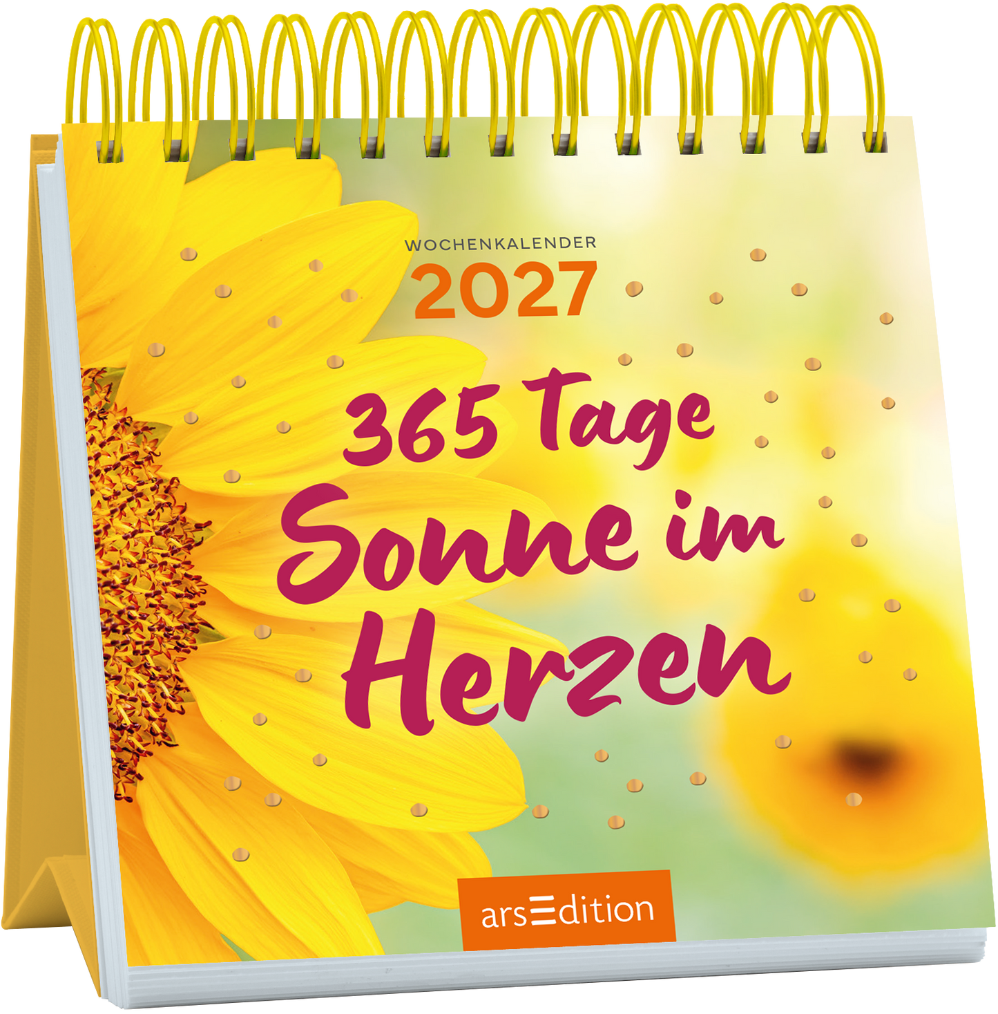 Das Buchcover zeigt einen spiralförmig gebundenen Wochenkalender mit der Jahrzahl 2027. Im Hintergrund ist ein sanfter Farbverlauf in Gelb- und Grüntönen, der mit zarten Punkten akzentuiert ist. Eine strahlende Sonnenblume dominiert die linke Seite. In großen, geschwungenen Buchstaben steht der Titel „365 Tage Sonne im Herzen“ in tiefem Violett. Ganz oben auf dem Cover befindet sich der Schriftzug „Wochenkalender“. Ganz unten mittig steht der Logoschriftzug von arsEdition.