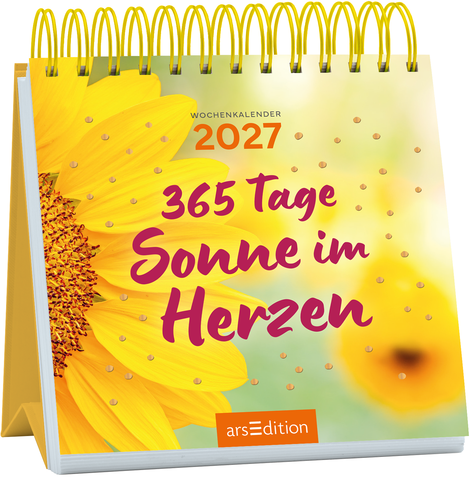 Das Buchcover zeigt einen spiralförmig gebundenen Wochenkalender mit der Jahrzahl 2027. Im Hintergrund ist ein sanfter Farbverlauf in Gelb- und Grüntönen, der mit zarten Punkten akzentuiert ist. Eine strahlende Sonnenblume dominiert die linke Seite. In großen, geschwungenen Buchstaben steht der Titel „365 Tage Sonne im Herzen“ in tiefem Violett. Ganz oben auf dem Cover befindet sich der Schriftzug „Wochenkalender“. Ganz unten mittig steht der Logoschriftzug von arsEdition.