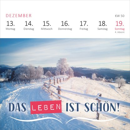 Gezeigt wird eine Innen- oder Zusatzansicht von „Mini-Wochenkalender Ein Jahr voll Glück 2027“. Die Ansicht zeigt den Monat Dezember mit einer Übersicht der Wochentage in dezenter rosa Schrift. Die zentrale Botschaft „DAS LEBEN IST SCHÖN!“ steht in auffälliger roter Schrift auf einem sanften Hintergrund, der eine verschneite Winterlandschaft darstellt. Der Kalendar ist klar strukturiert und nutzt eine harmonische Typografie, die das fröhliche Thema unterstreicht.