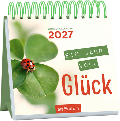 Auf dem Cover des Wochenkalenders 2027 ist ein grünes Kleeblatt abgebildet, auf dem ein roter Marienkäfer sitzt. Der Titel „Ein Jahr voll Glück“ ist in einer kräftigen, roten Schrift im Vordergrund platziert, während die Jahreszahl 2027 in einer auffälligen, leuchtend roten Schrift oben links steht. Der Hintergrund ist hell und gibt eine fröhliche, optimistische Atmosphäre wieder. Ganz unten mittig steht der Logoschriftzug von arsEdition.