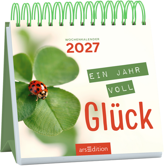 Auf dem Cover des Wochenkalenders 2027 ist ein grünes Kleeblatt abgebildet, auf dem ein roter Marienkäfer sitzt. Der Titel „Ein Jahr voll Glück“ ist in einer kräftigen, roten Schrift im Vordergrund platziert, während die Jahreszahl 2027 in einer auffälligen, leuchtend roten Schrift oben links steht. Der Hintergrund ist hell und gibt eine fröhliche, optimistische Atmosphäre wieder. Ganz unten mittig steht der Logoschriftzug von arsEdition.