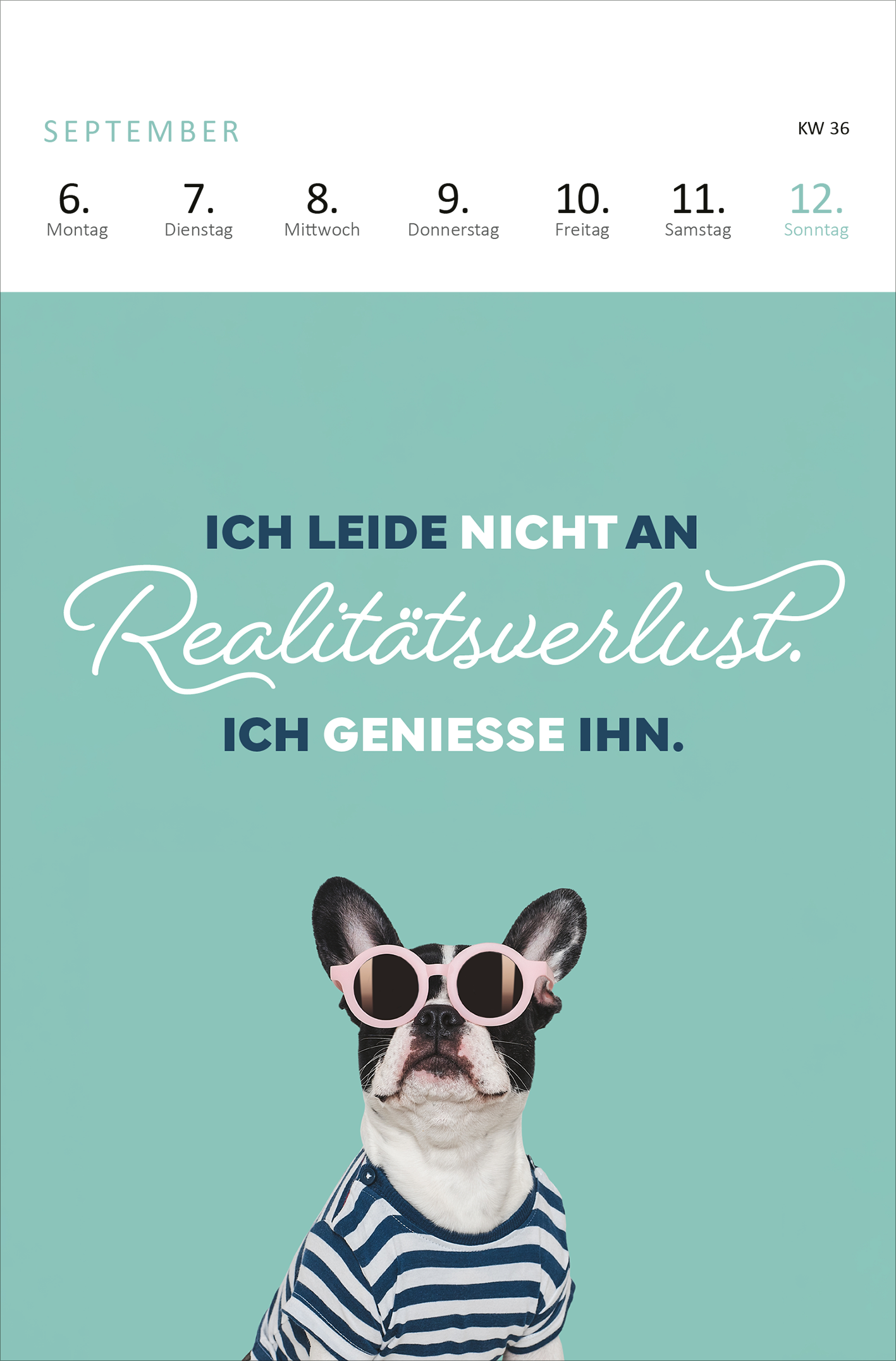 Gezeigt wird eine Innen- oder Zusatzansicht von „Wochenkalender Mir geht’s nicht gut, ich glaub ich hab Montag 2027“. Die Seite zeigt einen hellgrünen Hintergrund mit einem stilisierten Hund, der eine Sonnenbrille trägt. Darunter steht der Text: „ICH LEIDE NICHT AN Realitätverlust. ICH GENISSE IHN.“, wobei „Realitätsverlust“ in einer geschwungenen, weißen Schrift hervorgehoben ist. Die Wochentage sind schwarz und übersichtlich angeordnet, während oben der Monat und die...