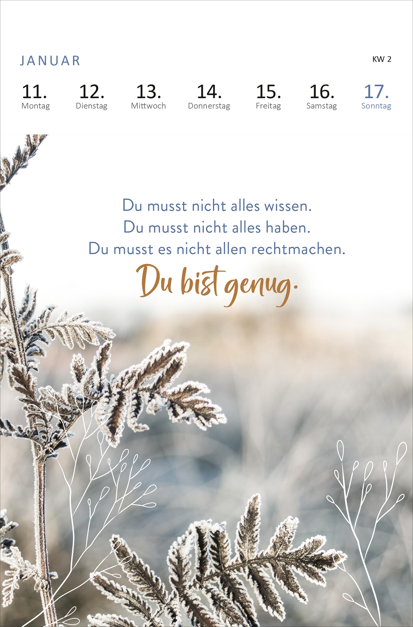 Gezeigt wird eine Innen- oder Zusatzansicht von „Wochenkalender 365 Tage Gelassenheit 2027“. Die Darstellung vermittelt eine ruhige Winterstimmung mit frostbedeckten Zweigen. Oberhalb befinden sich die Wochentage von Montag bis Sonntag, in klarer, moderner Typografie. Im zentralen Bereich sind motivierende Texte in blauer und goldener Schrift gesetzt, wobei der Satz „Du bist genug.“ besonders hervorgehoben wird. Der Hintergrund ist in sanften, neutralen Farben gehalten, die die...