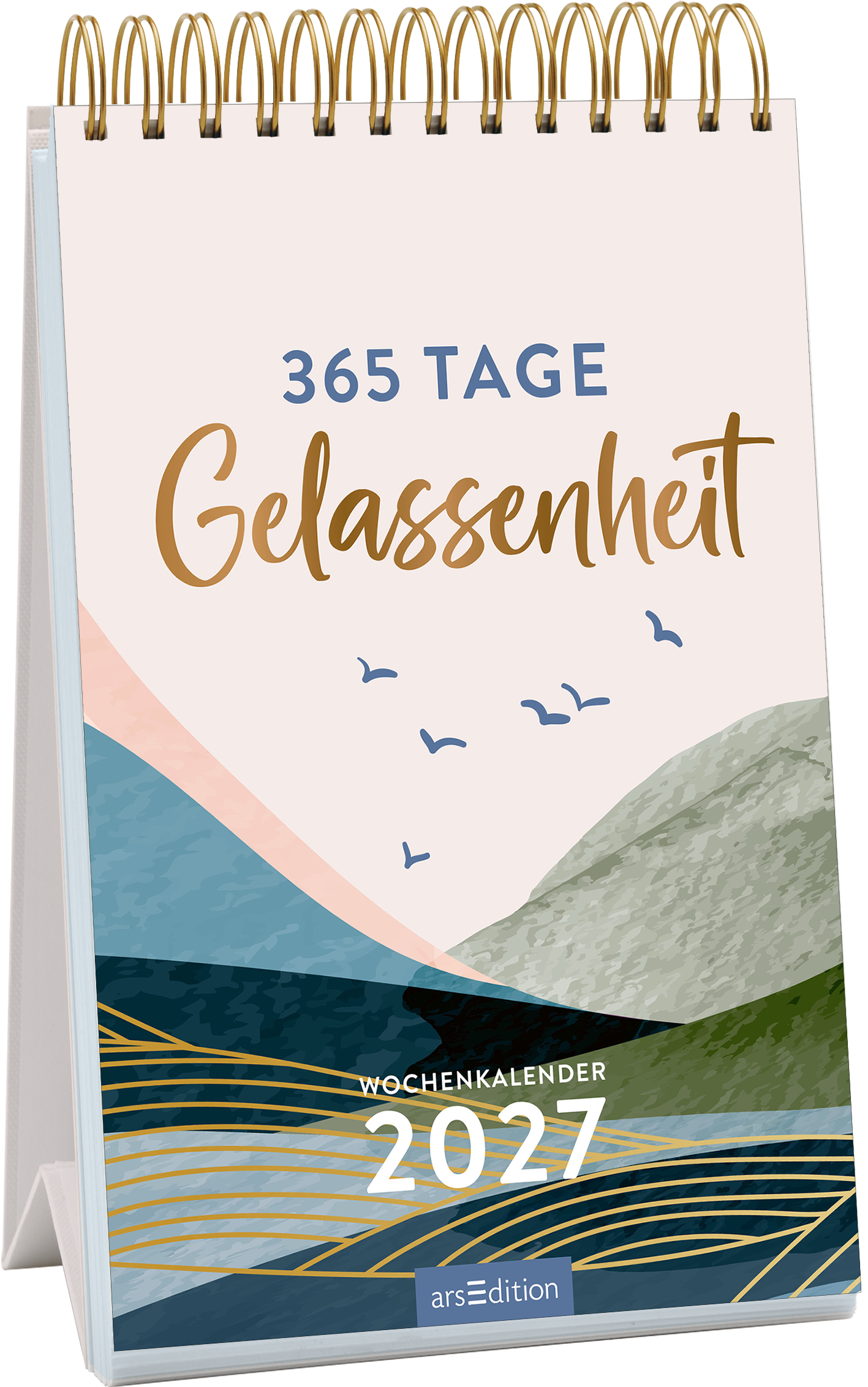 Das Buchcover zeigt einen spiralgebundenen Wochenkalender für das Jahr 2027. Der Hintergrund ist in sanften Pastellfarben gehalten, mit einem blassen Rosa und harmonierenden Blau- und Grüntönen. In der Mitte steht der Titel „365 TAGE GELASSENHEIT“ in eleganter, goldfarbener Schrift. Am oberen Rand sind fliegende Vögel dezent abgebildet. Links unten befindet sich der Hinweis „SPIEGEL-Bestseller“. Ganz unten mittig steht der Logoschriftzug von arsEdition.