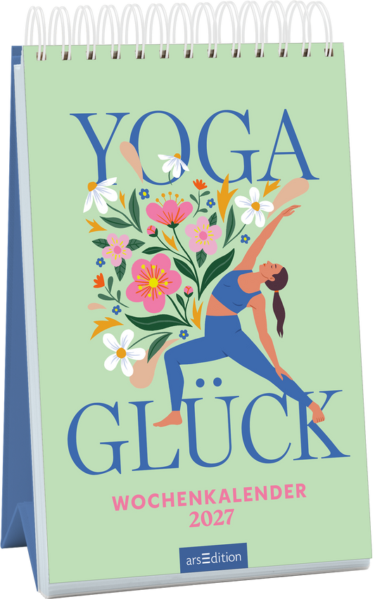 Das Cover zeigt eine sanfte grüne Hintergrundfarbe, auf der der Titel „YOGA GLÜCK“ in großen blauen Buchstaben platziert ist. Eine stilisierte Illustration einer Yogaübung dominiert das Design, umgeben von bunten, floralen Elementen in Pink, Gelb und Weiß. Darunter ist der Text „WOCHENKALENDER 2027“ in einem schlichten, hellen Schriftzug. Die Atmosphäre wirkt einladend und beruhigend. Ganz unten mittig steht der Logoschriftzug von arsEdition.
