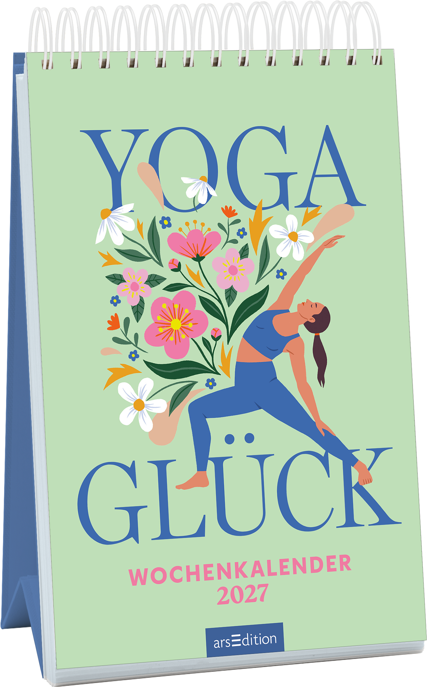 Das Cover zeigt eine sanfte grüne Hintergrundfarbe, auf der der Titel „YOGA GLÜCK“ in großen blauen Buchstaben platziert ist. Eine stilisierte Illustration einer Yogaübung dominiert das Design, umgeben von bunten, floralen Elementen in Pink, Gelb und Weiß. Darunter ist der Text „WOCHENKALENDER 2027“ in einem schlichten, hellen Schriftzug. Die Atmosphäre wirkt einladend und beruhigend. Ganz unten mittig steht der Logoschriftzug von arsEdition.
