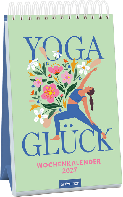 Das Cover zeigt eine sanfte grüne Hintergrundfarbe, auf der der Titel „YOGA GLÜCK“ in großen blauen Buchstaben platziert ist. Eine stilisierte Illustration einer Yogaübung dominiert das Design, umgeben von bunten, floralen Elementen in Pink, Gelb und Weiß. Darunter ist der Text „WOCHENKALENDER 2027“ in einem schlichten, hellen Schriftzug. Die Atmosphäre wirkt einladend und beruhigend. Ganz unten mittig steht der Logoschriftzug von arsEdition.