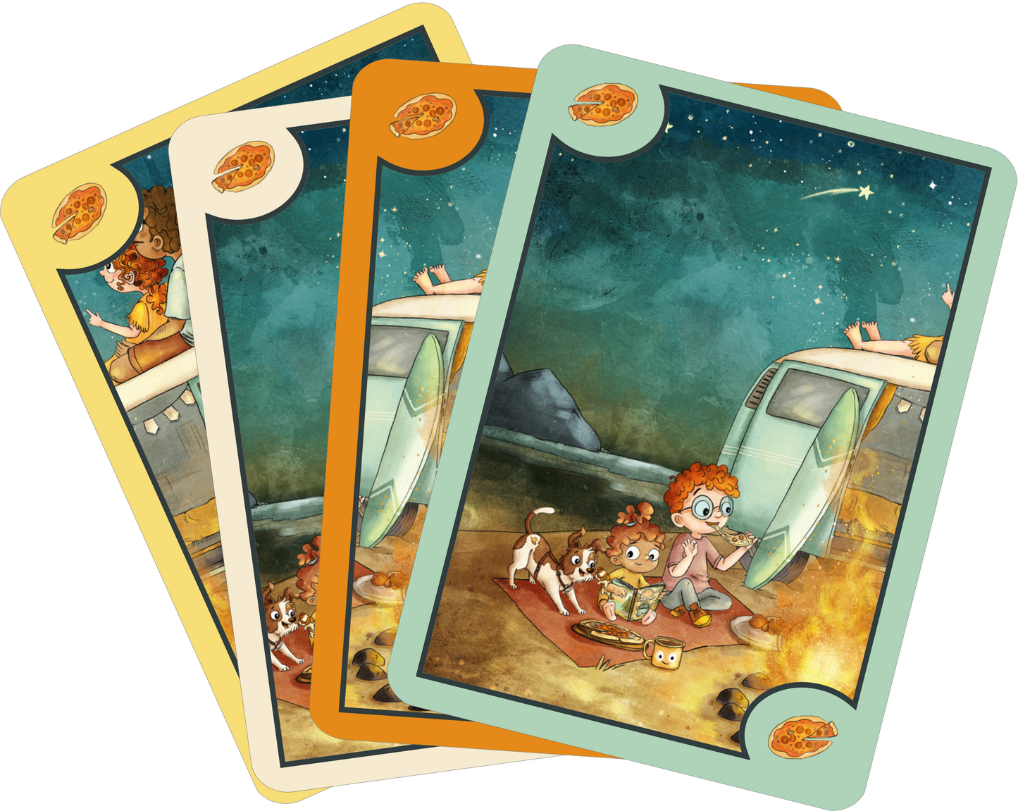 Gezeigt wird eine Innen- oder Zusatzansicht von „OTTO fährt los – Meine OTTO-Reisespiele“. Die Ansicht zeigt mehrere farbenfrohe Spielkarten in verschiedenen Farbtönen wie Rot, Blau und Grün. Auf den Karten sind liebevoll illustrierte Szenen darstellt, die Spieler in einem Camping-Setting zeigen. Der Hintergrund ist sternenklar, und die Typografie ist verspielt und einladend gestaltet, was die Abenteuerlust und den Spaß am Spielen betont.