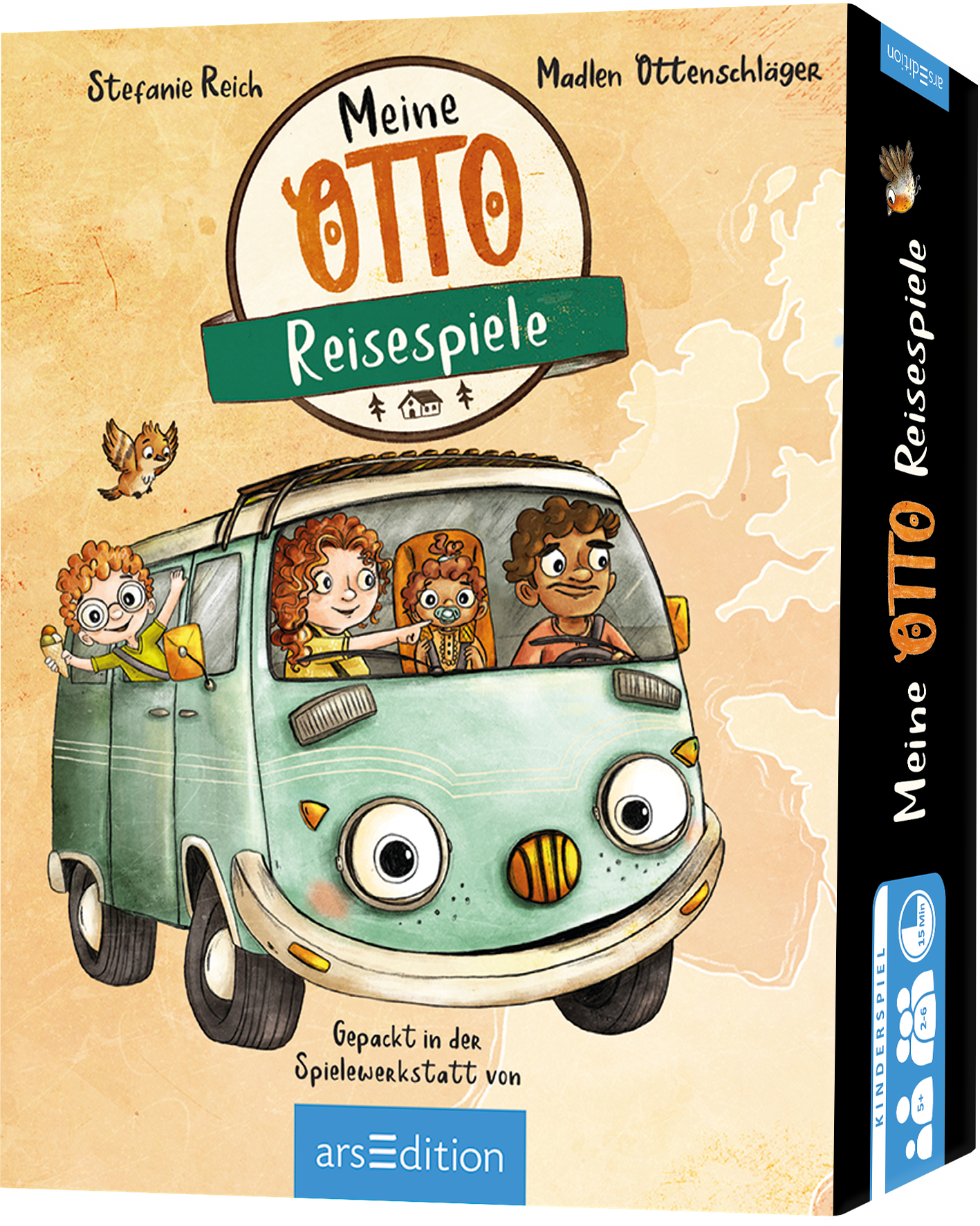 Auf dem Buchcover „Meine OTTO Reisenspiele“ von Stefanie Reich und Madlen Üttenschläger sieht man einen weißen VW-Bus, der fröhlich fährt. Drei Kinder sitzen im Innenraum, die eine verspielte und neugierige Ausstrahlung haben. Der Hintergrund ist in warmen Beige- und Erdtönen gehalten. Der Titel „OTTO“ ist groß und farbenfroh gestaltet, die Schriftart ist verspielt. Ganz oben steht der Satz „Reisespiele“. Auf dem Cover befindet sich ein SPIEGEL-Bestseller-Button. Ganz unten...