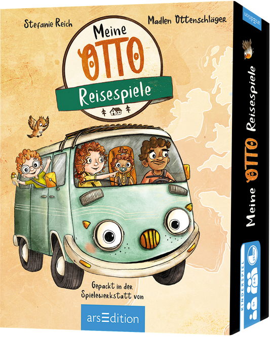 Auf dem Buchcover „Meine OTTO Reisenspiele“ von Stefanie Reich und Madlen Üttenschläger sieht man einen weißen VW-Bus, der fröhlich fährt. Drei Kinder sitzen im Innenraum, die eine verspielte und neugierige Ausstrahlung haben. Der Hintergrund ist in warmen Beige- und Erdtönen gehalten. Der Titel „OTTO“ ist groß und farbenfroh gestaltet, die Schriftart ist verspielt. Ganz oben steht der Satz „Reisespiele“. Auf dem Cover befindet sich ein SPIEGEL-Bestseller-Button. Ganz unten...