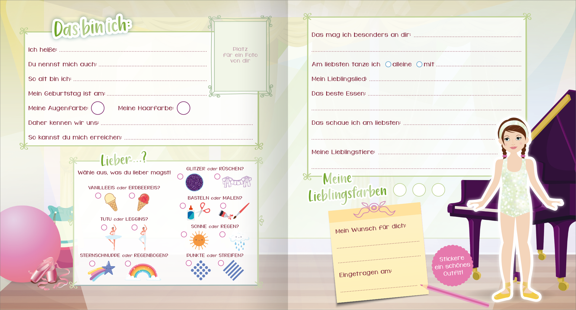Gezeigt wird eine Innen- oder Zusatzansicht von „Sticker-Anziehpuppen – Mein Freundebuch (Ballerina)“.