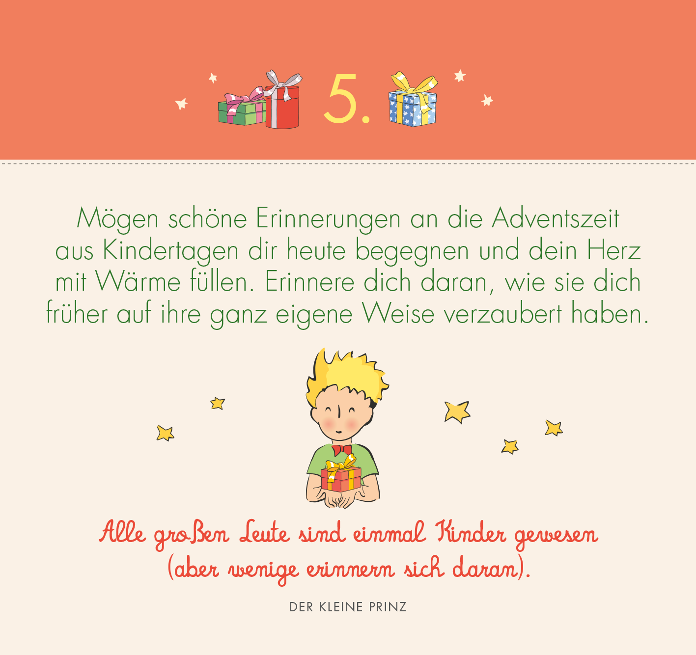 Gezeigt wird eine Innen- oder Zusatzansicht von „Postkarten-Adventskalender. Der Kleine Prinz. 24 liebe Wünsche für dich“.