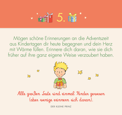 Gezeigt wird eine Innen- oder Zusatzansicht von „Postkarten-Adventskalender. Der Kleine Prinz. 24 liebe Wünsche für dich“.
