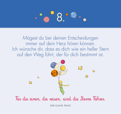 Gezeigt wird eine Innen- oder Zusatzansicht von „Postkarten-Adventskalender. Der Kleine Prinz. 24 liebe Wünsche für dich“.