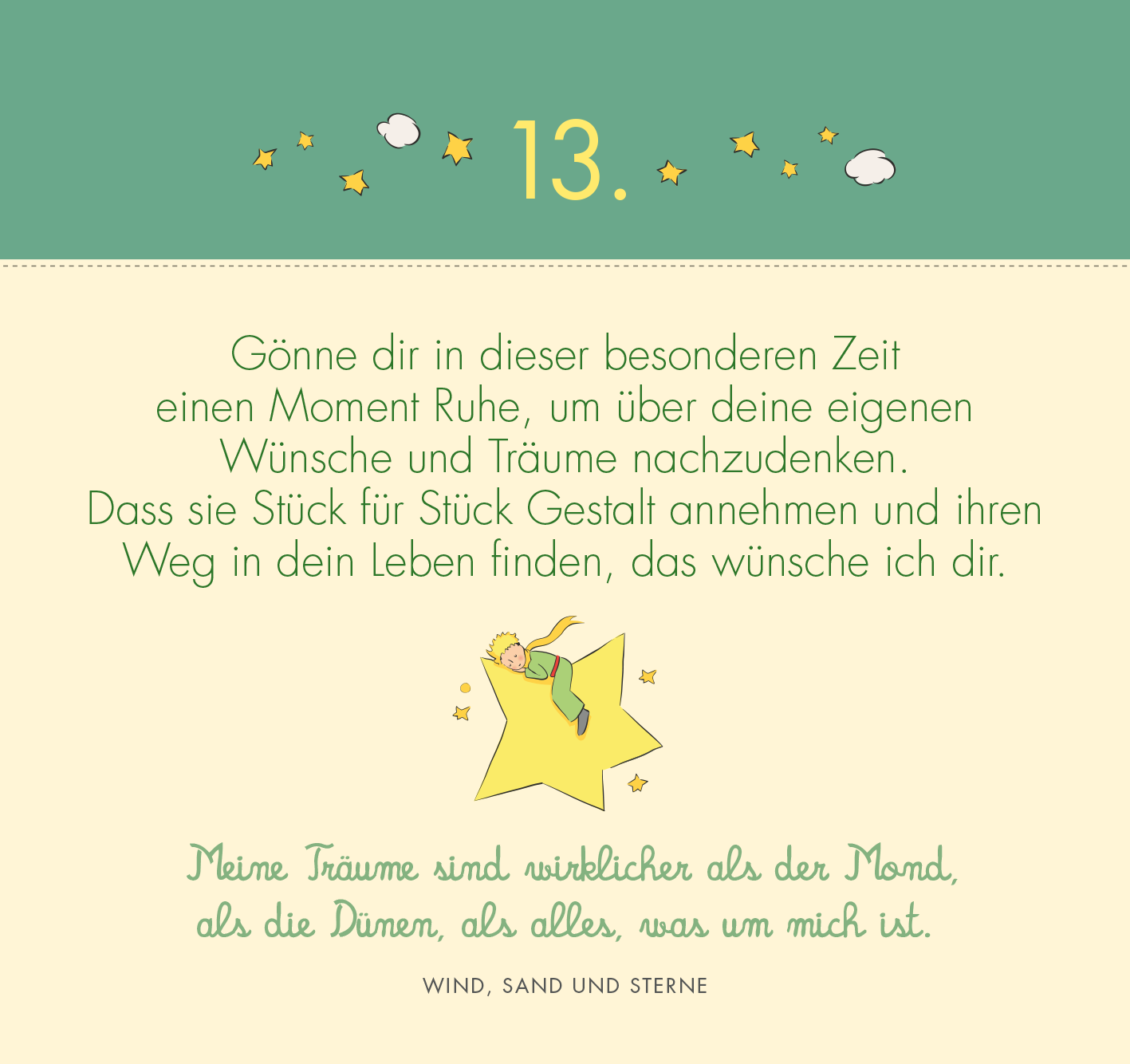 Gezeigt wird eine Innen- oder Zusatzansicht von „Postkarten-Adventskalender. Der Kleine Prinz. 24 liebe Wünsche für dich“.