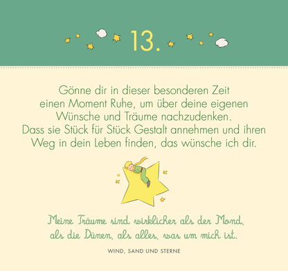 Gezeigt wird eine Innen- oder Zusatzansicht von „Postkarten-Adventskalender. Der Kleine Prinz. 24 liebe Wünsche für dich“.