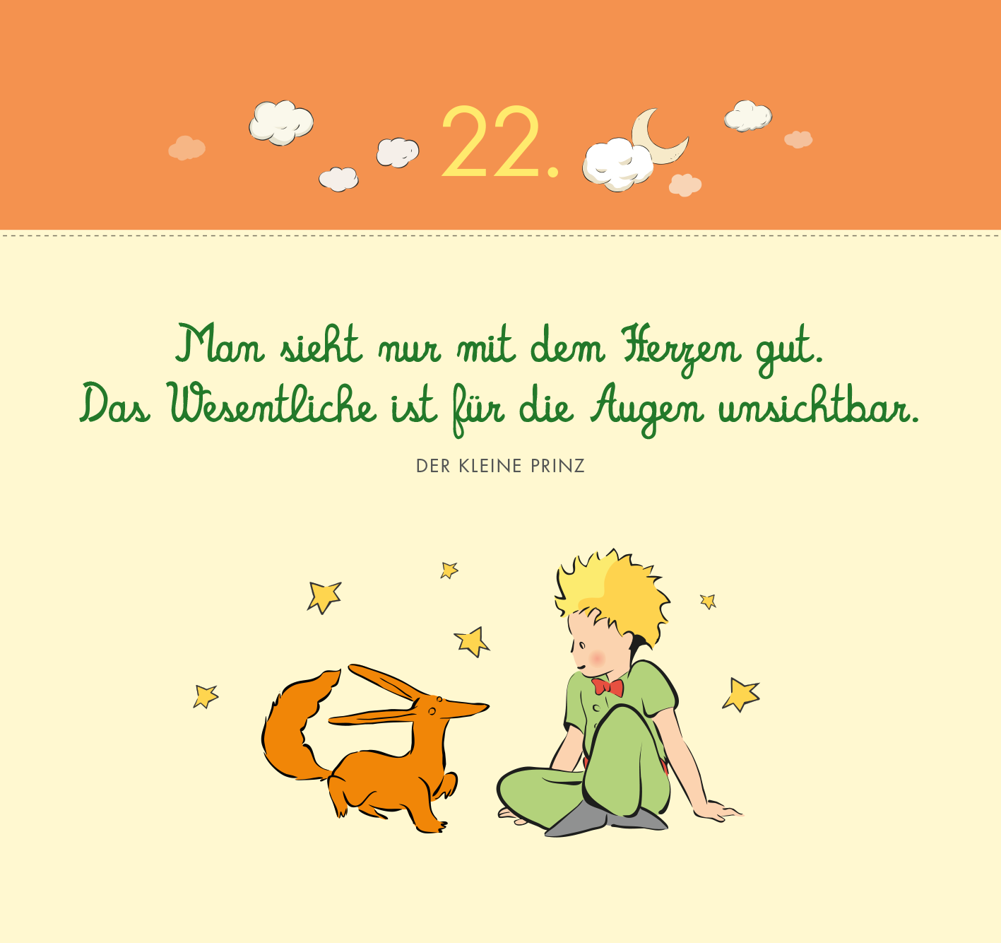 Gezeigt wird eine Innen- oder Zusatzansicht von „Postkarten-Adventskalender. Der Kleine Prinz. 24 liebe Wünsche für dich“.