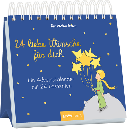 Auf dem Buchcover befindet sich ein tiefblauer Hintergrund mit kleinen, goldenen Sternen. In der Mitte steht ein Junge in einem grünen Gewand, der helle Sterne in den Händen hält. Über ihm prangt der Titel „24 liebe Wünsche für dich“ in geschwungener, goldener Schrift. Darunter steht der Untertitel „Ein Adventskalender mit 24 Postkarten“ in schlichterer Schrift. Ganz unten mittig steht der Logoschriftzug von arsEdition.