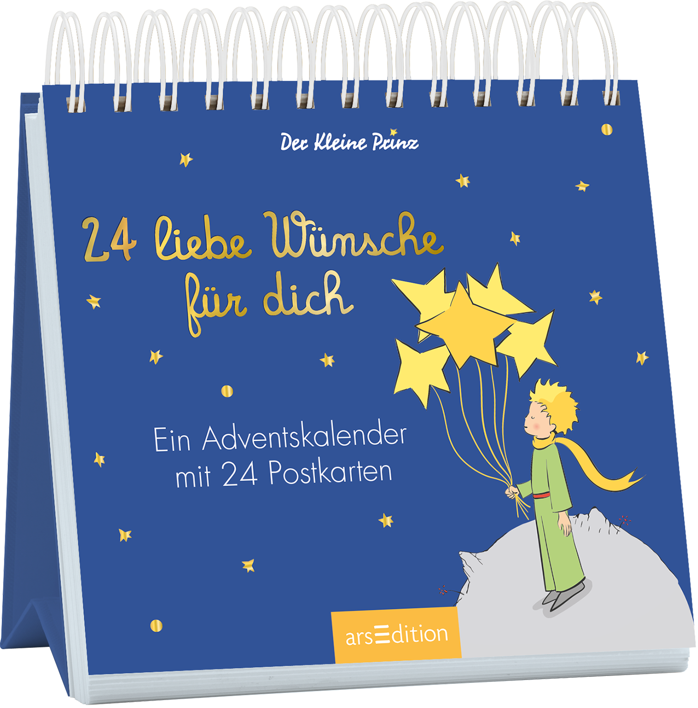 Auf dem Buchcover befindet sich ein tiefblauer Hintergrund mit kleinen, goldenen Sternen. In der Mitte steht ein Junge in einem grünen Gewand, der helle Sterne in den Händen hält. Über ihm prangt der Titel „24 liebe Wünsche für dich“ in geschwungener, goldener Schrift. Darunter steht der Untertitel „Ein Adventskalender mit 24 Postkarten“ in schlichterer Schrift. Ganz unten mittig steht der Logoschriftzug von arsEdition.